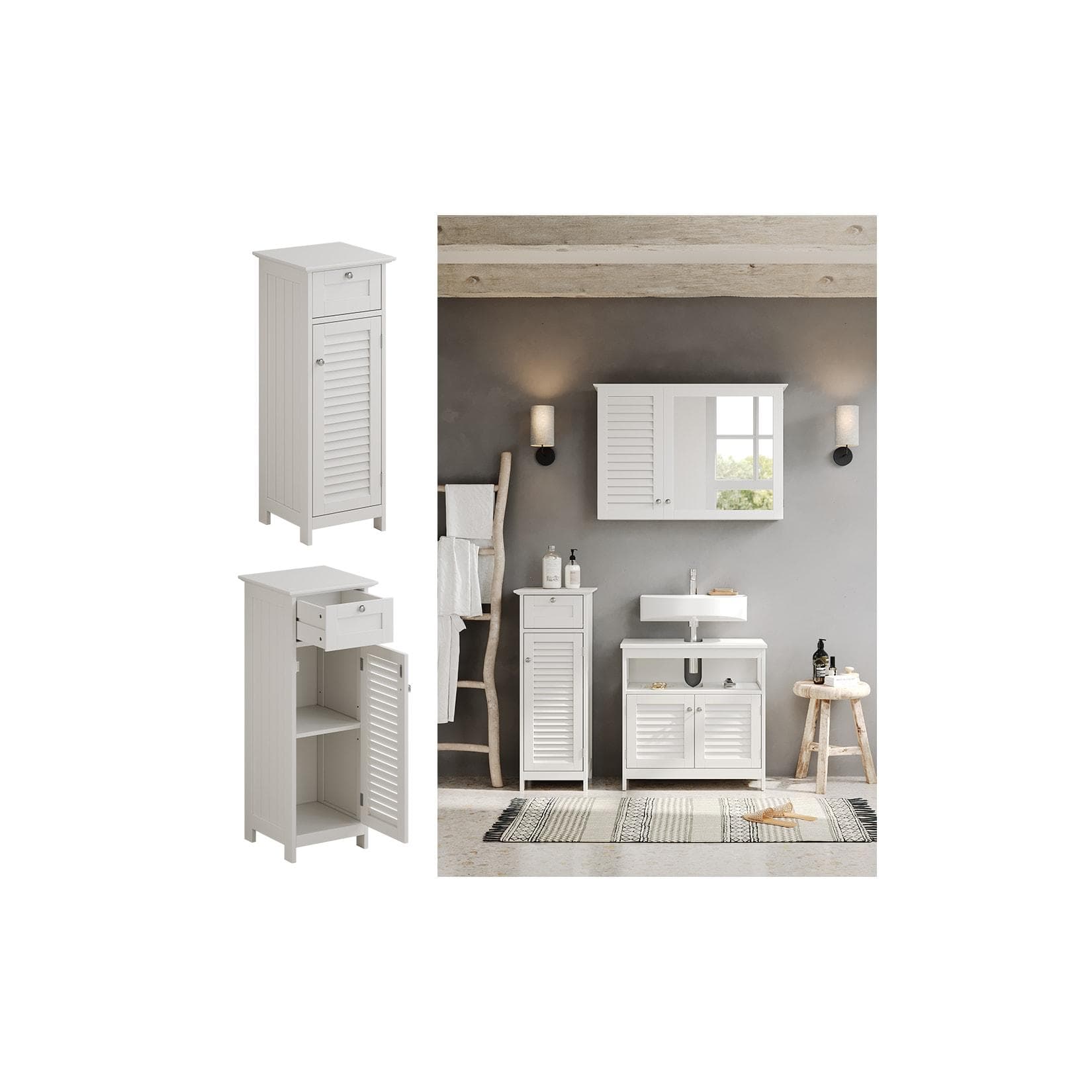 Weißer Midischrank mit Tür und Schublade