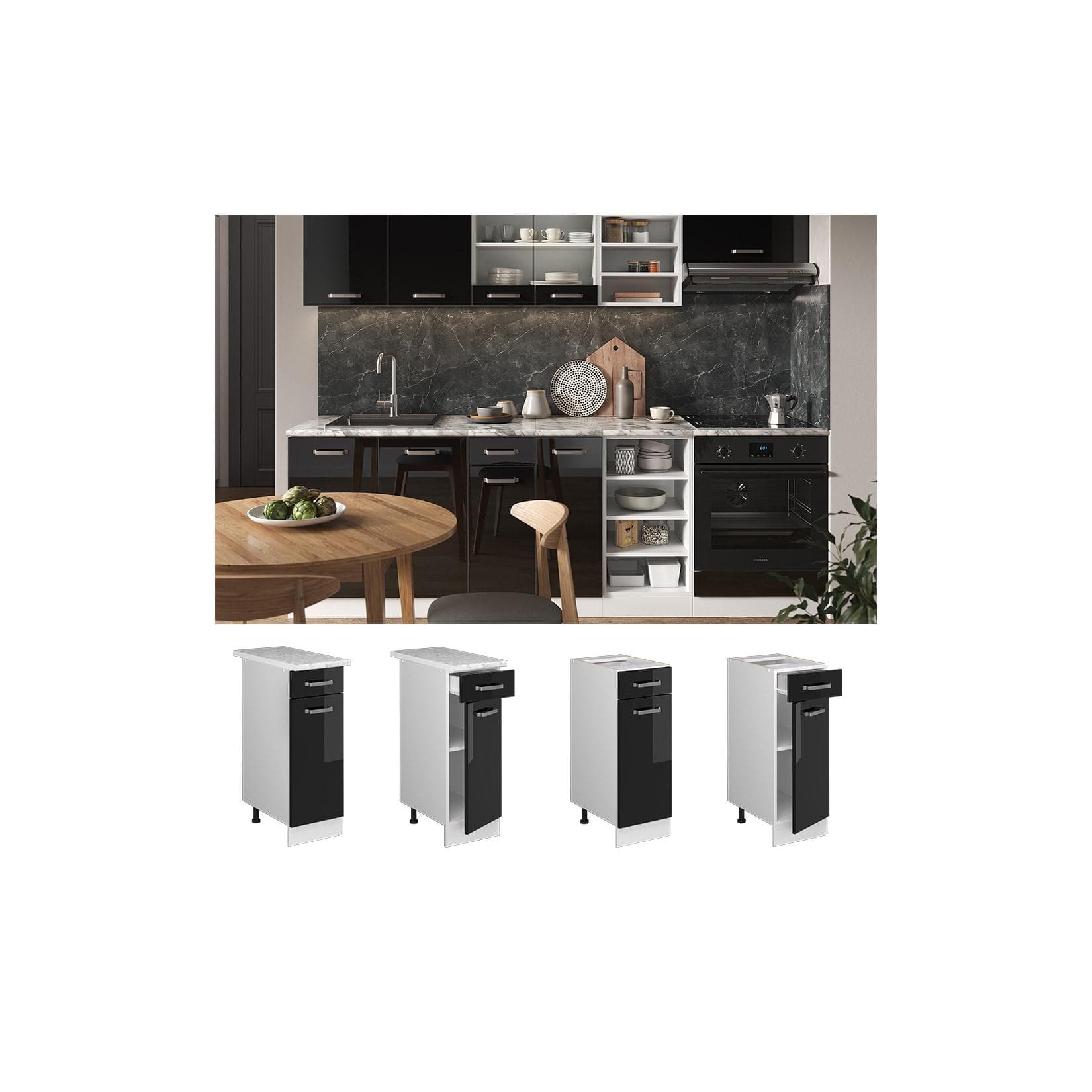 Hochglanz Unterschrank Schwarz Weiß mit AP Marmor Optik