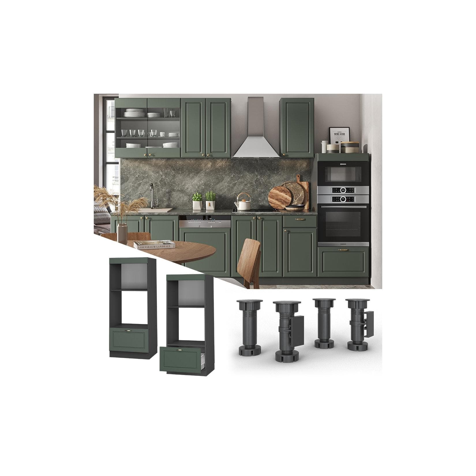 Grüner Landhausstil Mikrowellenumbauschrank Anthrazit