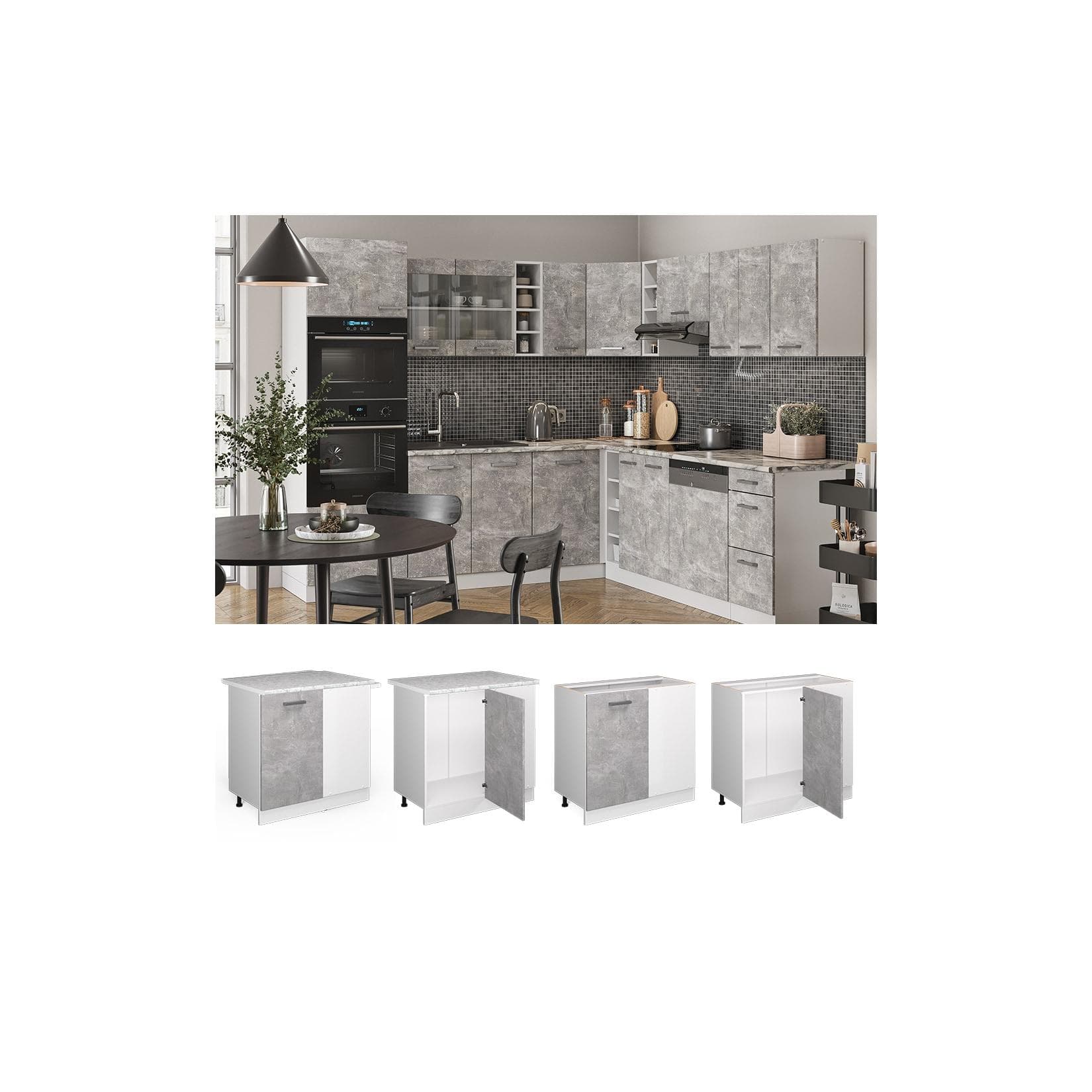 Vicco Eckunterschrank Küchenschrank R-Line Weiß Beton Arbeitsplatte