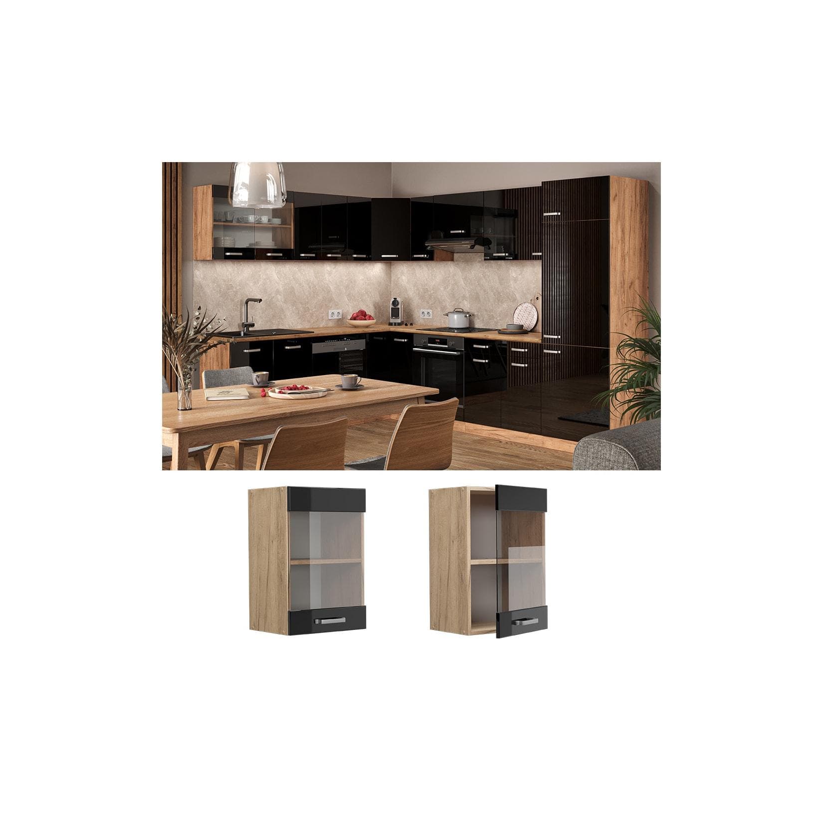 Vicco Glashängeschrank Küchenschrank R-Line Eiche Schwarz 40 cm