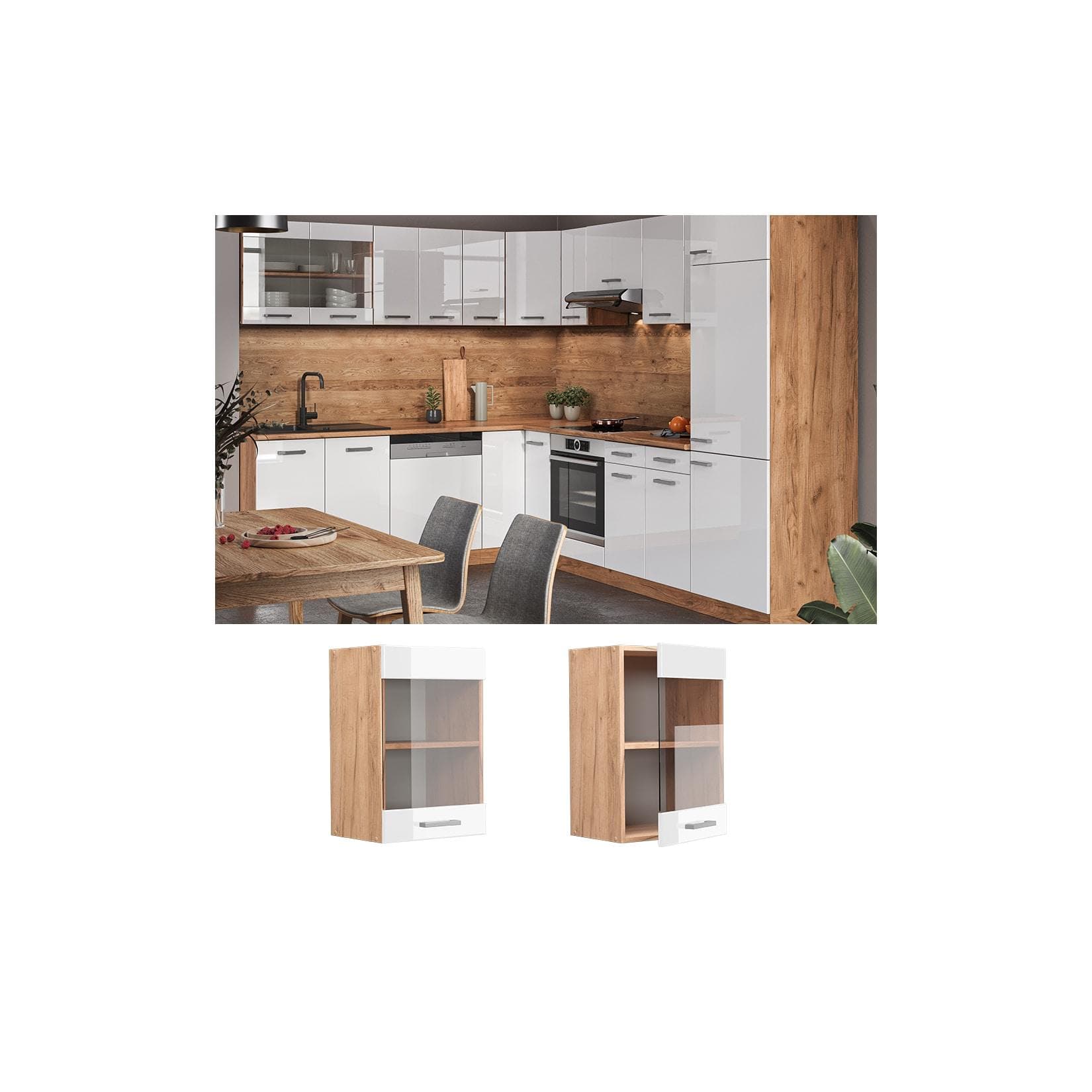 Vicco Glashängeschrank R-Line Weiß Hochglanz Goldkraft Eiche