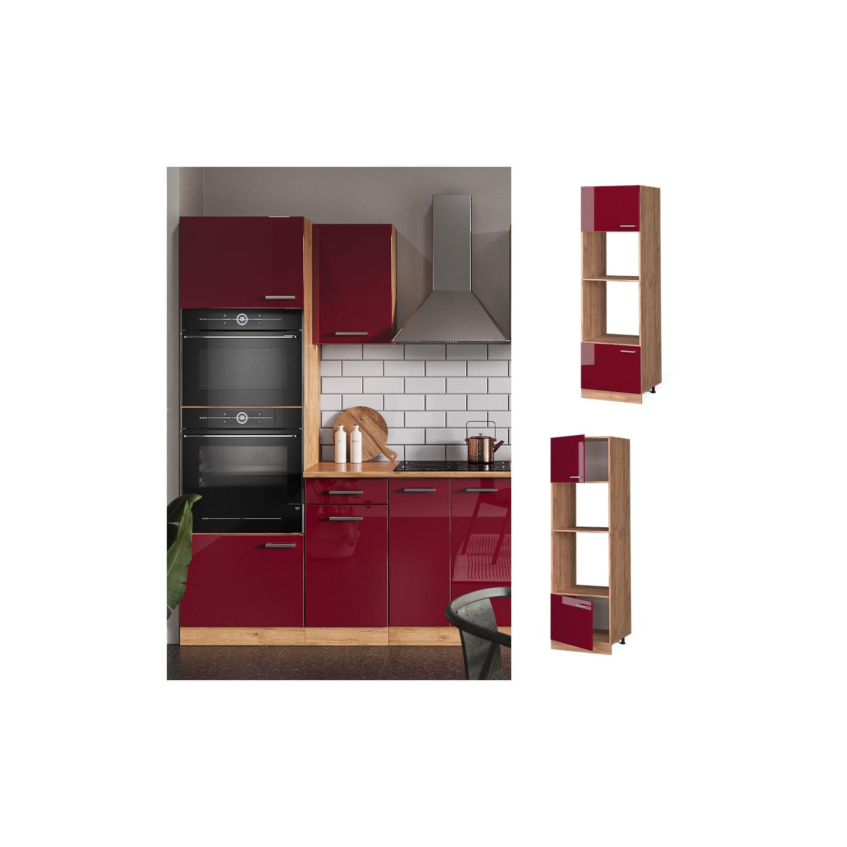 Bordeaux Hochglanz Mikrowellenumbauschrank mit Goldkraft Eiche