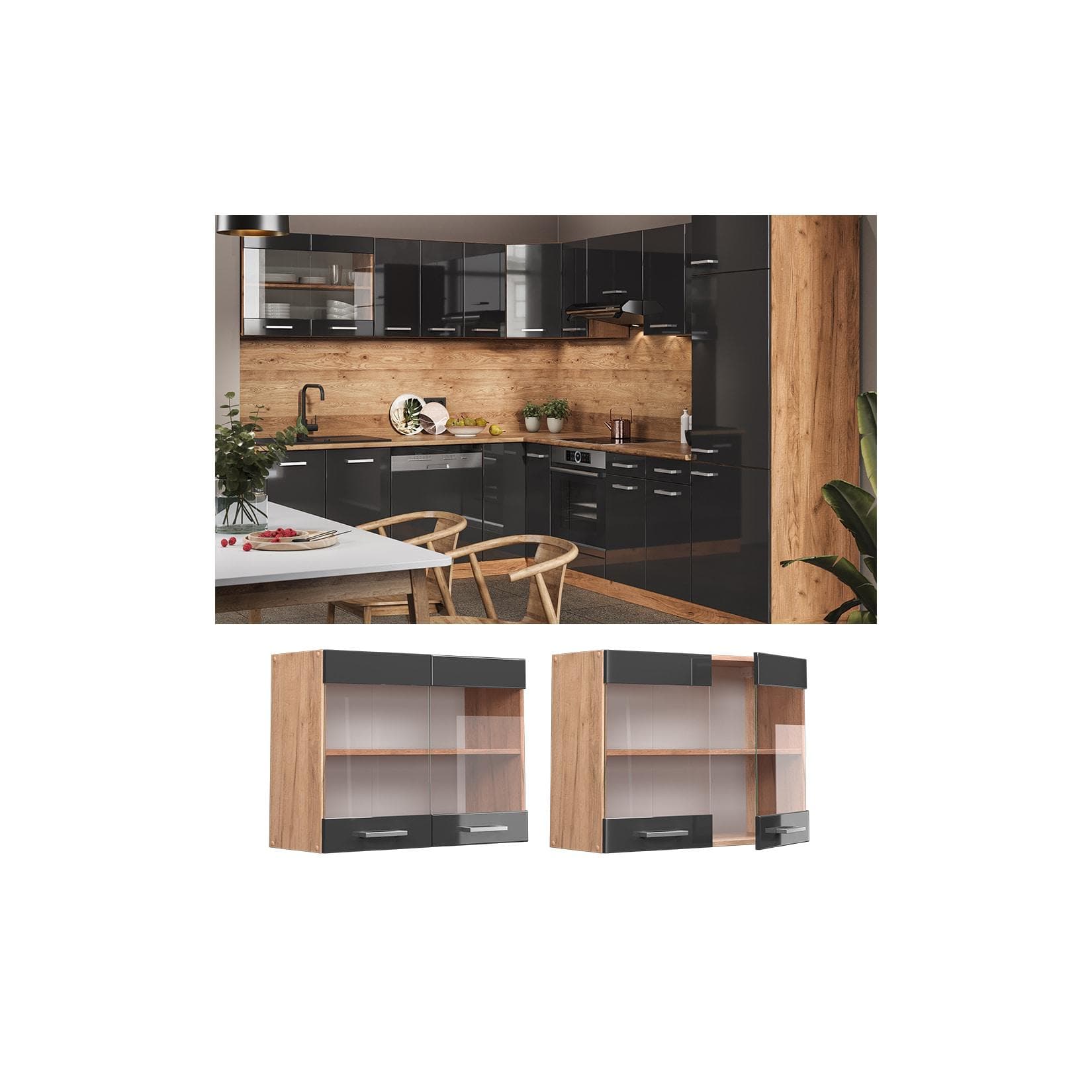 Vicco Glashängeschrank R-Line Anthrazit Hochglanz Goldkraft Eiche 80 cm