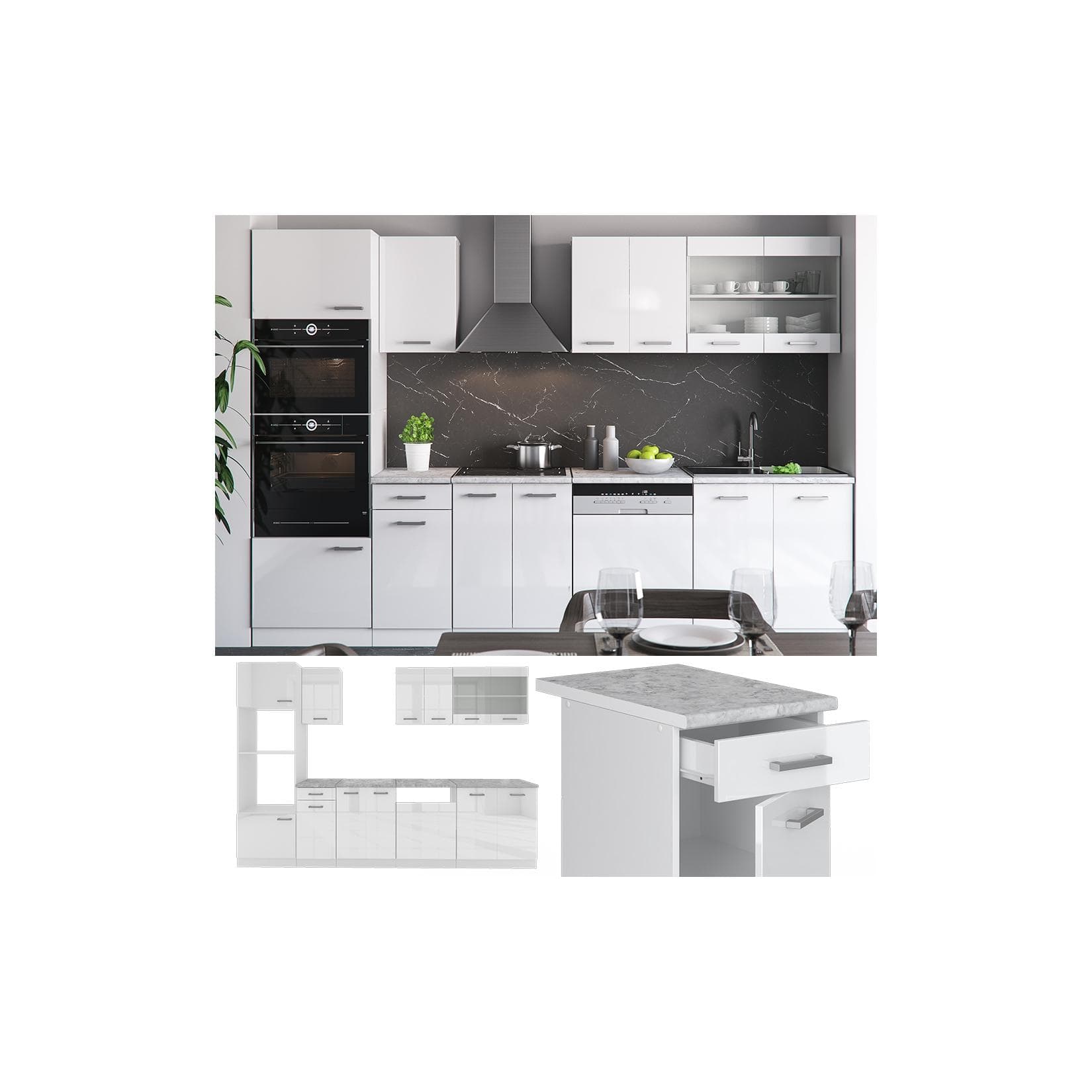 Hochglanz Küchenzeile Weiß - Mit Hochschrank & Ohne Arbeitsplatte