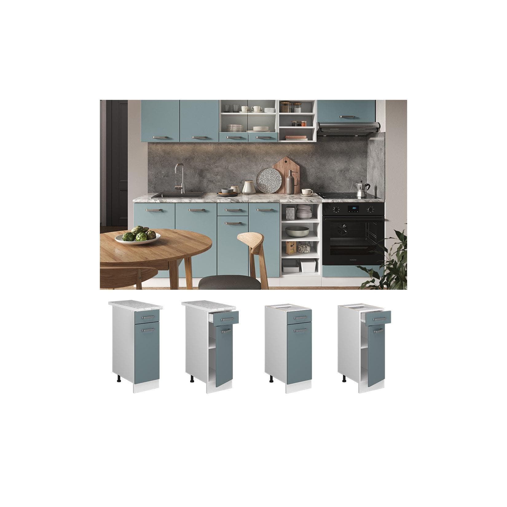 Vicco Schubunterschrank R-Line Weiß Blau Grau 30 cm Modern