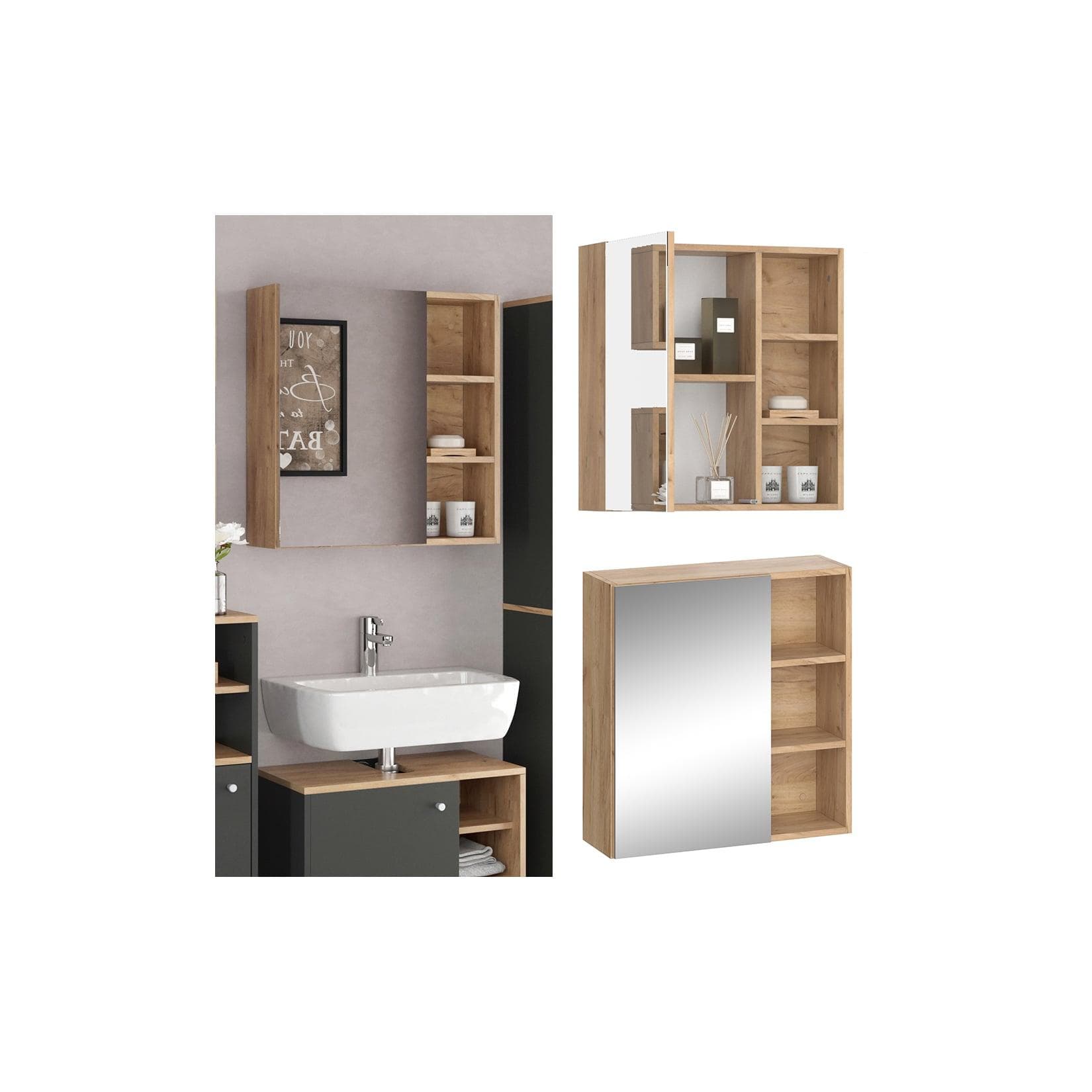 Anthrazit/Goldkraft Eiche Badezimmerspiegel mit Schrank