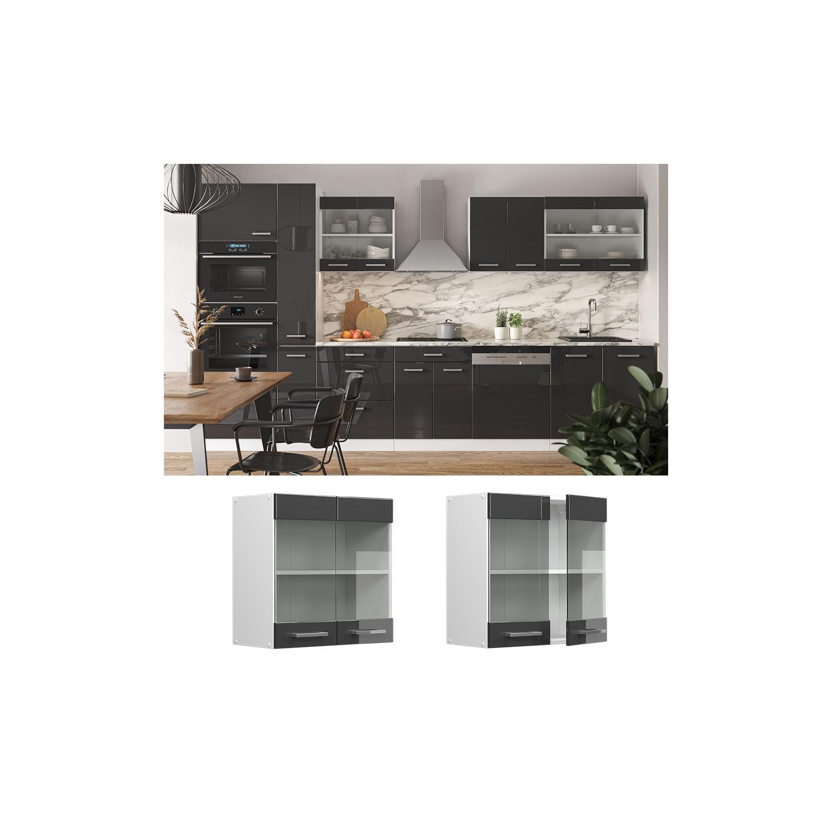 Glashängeschrank Anthrazit Hochglanz / Weiß