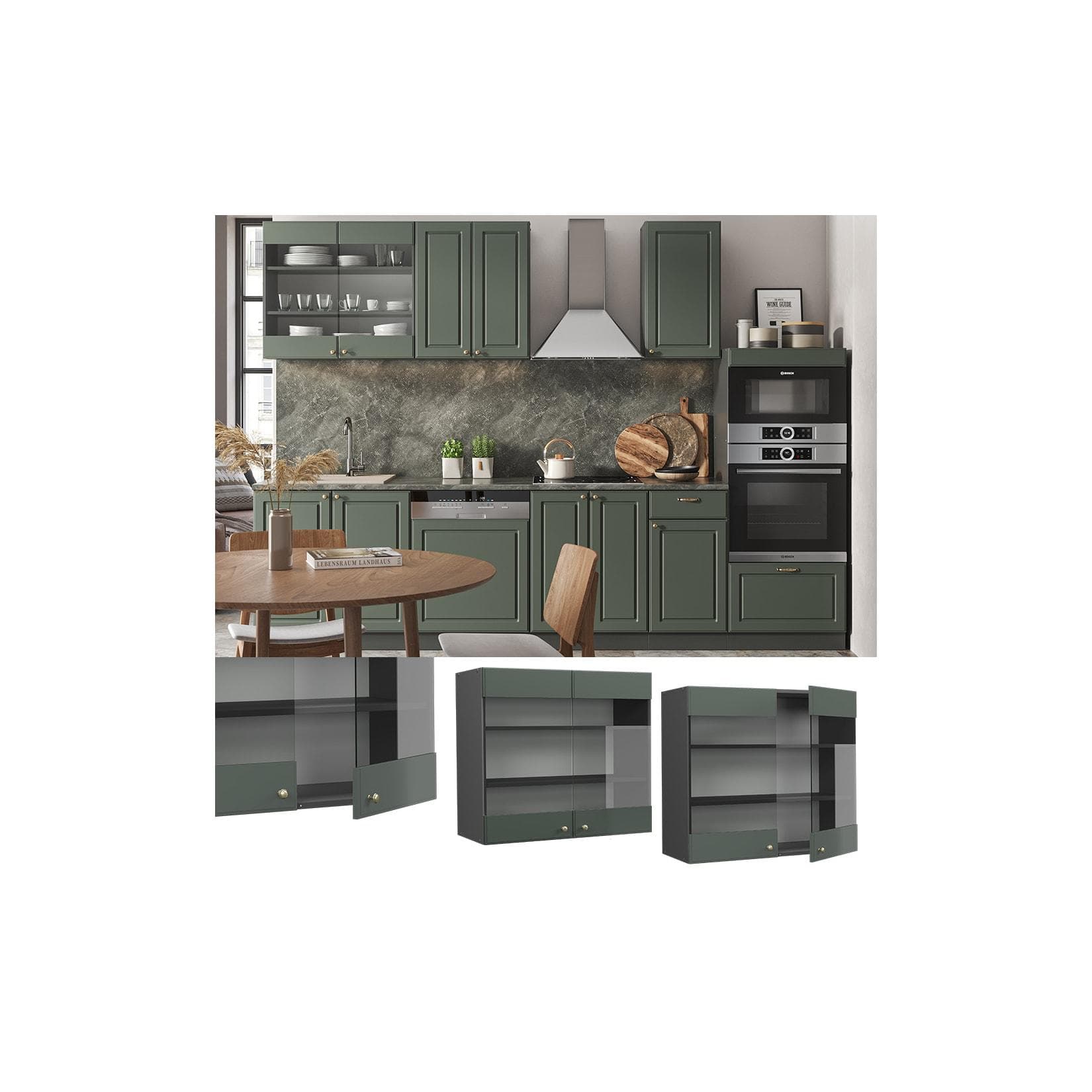 Grüner Glashängeschrank im Landhaus-Stil mit Anthrazit-Details