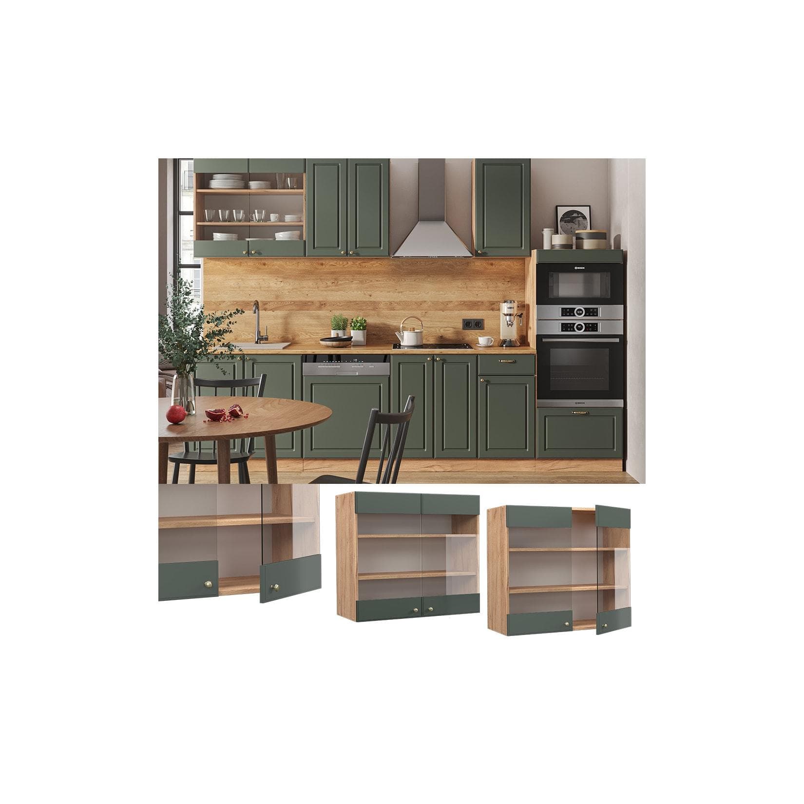 Glashängeschrank Grün-Gold Landhaus/Goldkraft Eiche