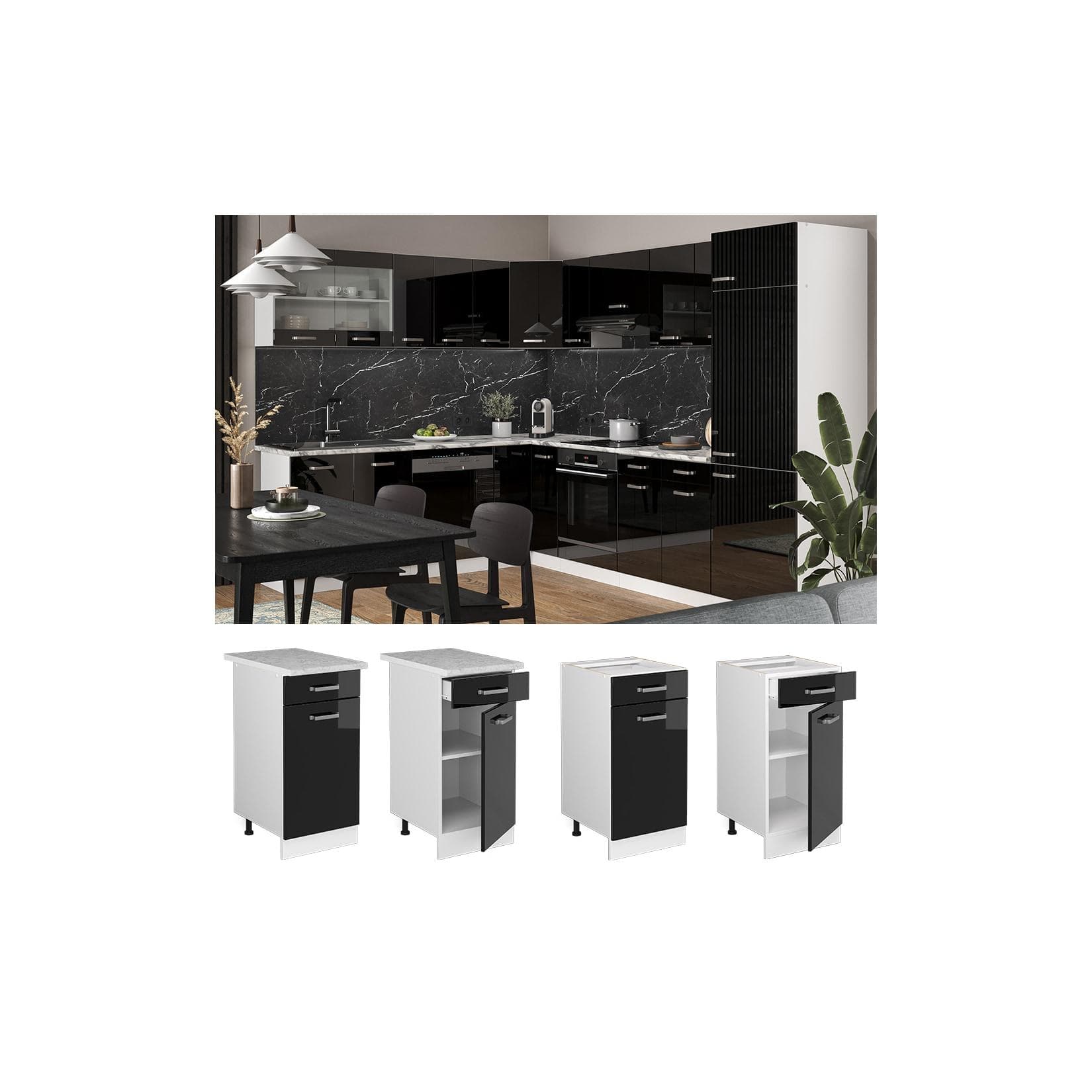 Vicco Schubunterschrank Küchenschrank R-Line Solid Weiß Schwarz 40 cm