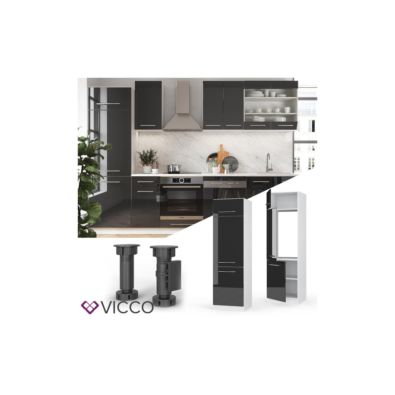 VICCO Kühlumbauschrank 60 cm Anthrazit Küche Unterschrank Fame