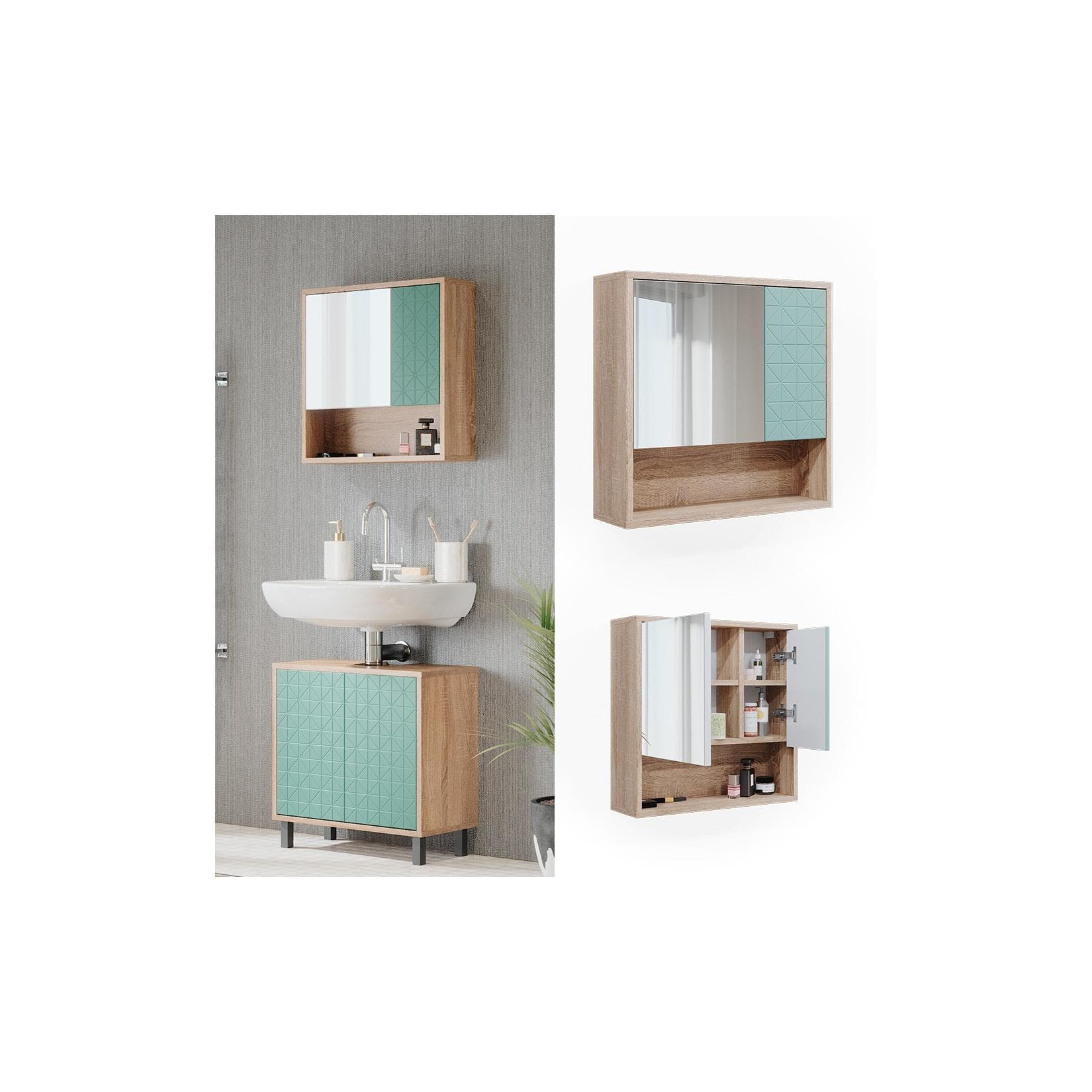 Mintgrüner Badezimmerspiegelschrank mit Sonoma-Optik