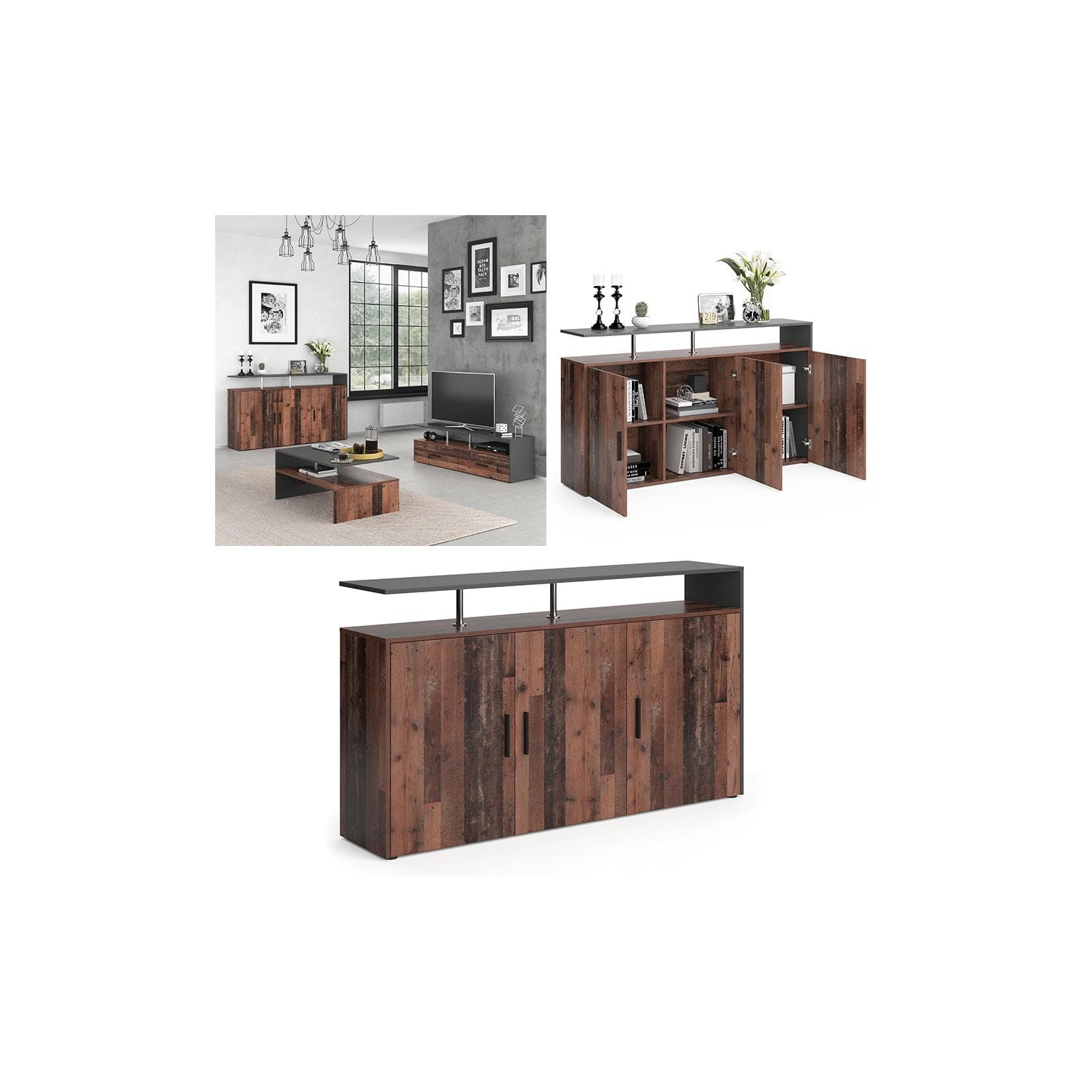 Vicco Sideboard Amato 3 Türen 1 Ablage Anthrazit Old Style