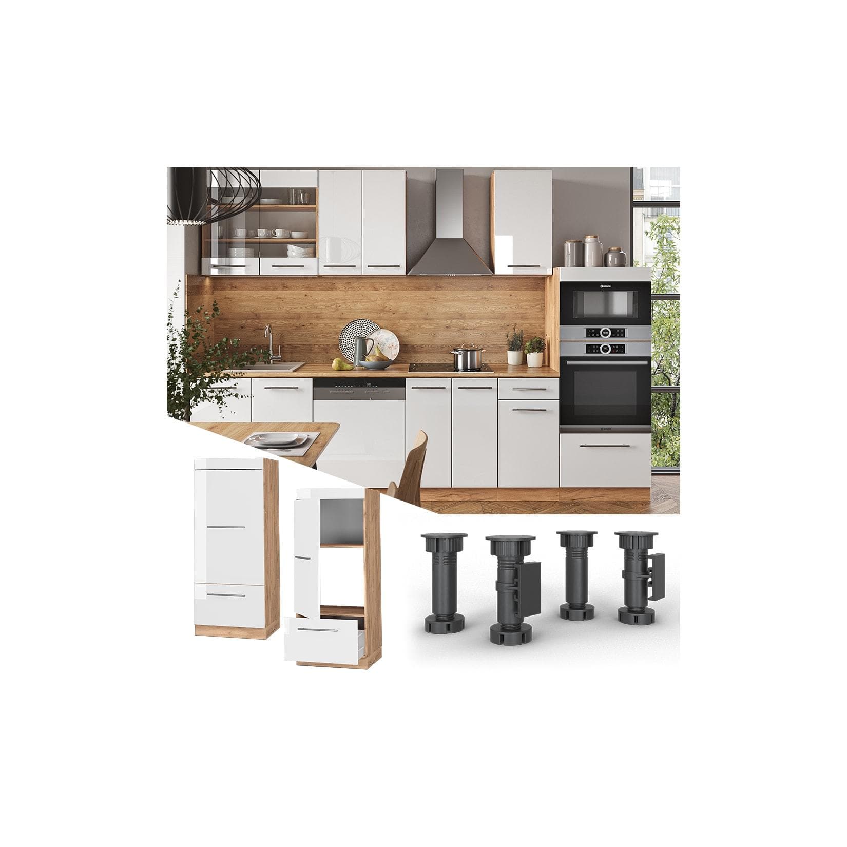 Hochglanz Weiss Mikrowellenumbauschrank mit Goldkraft Eiche Optik