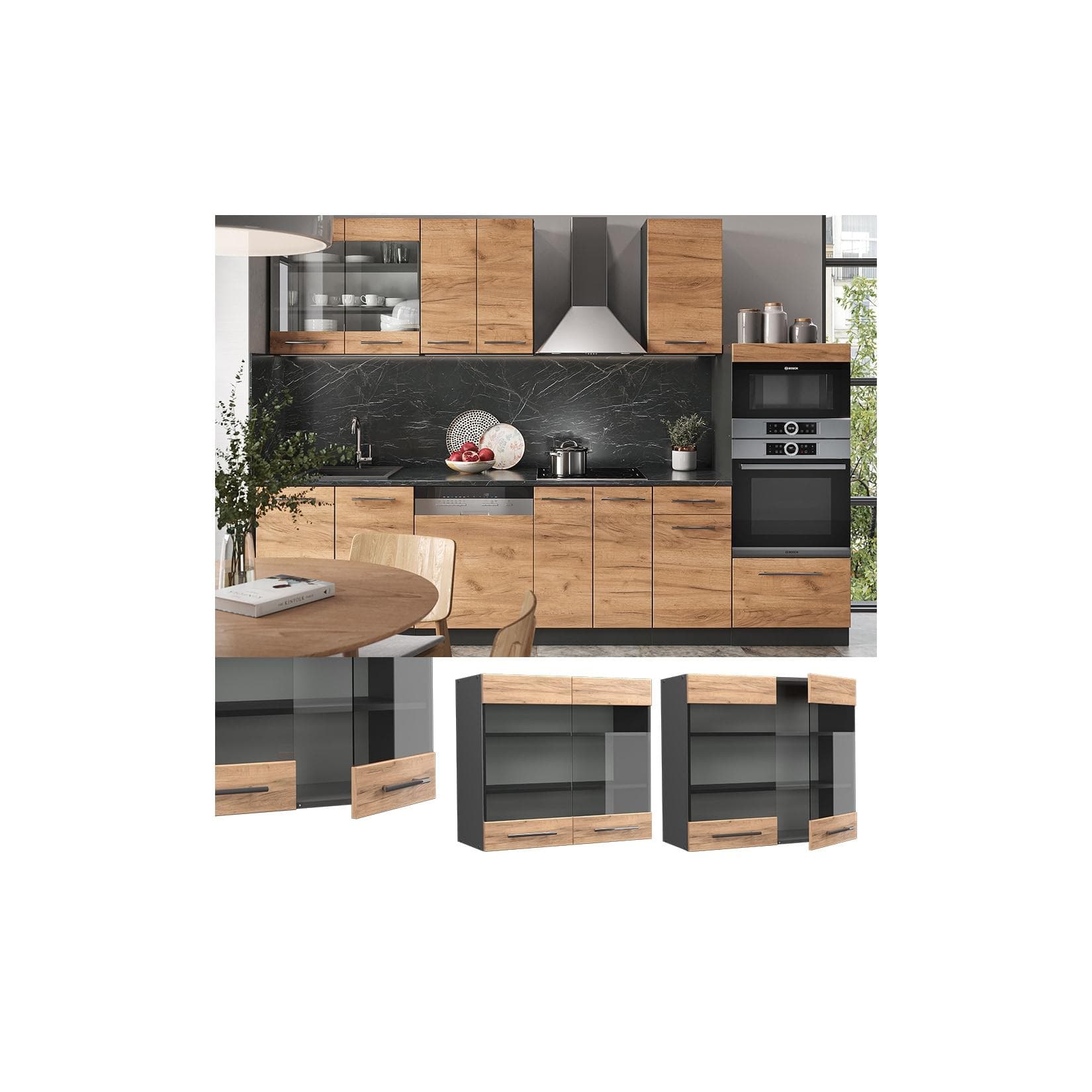 Vicco Glashängeschrank Fame-Line Goldkraft Eiche/Anthrazit 80 cm