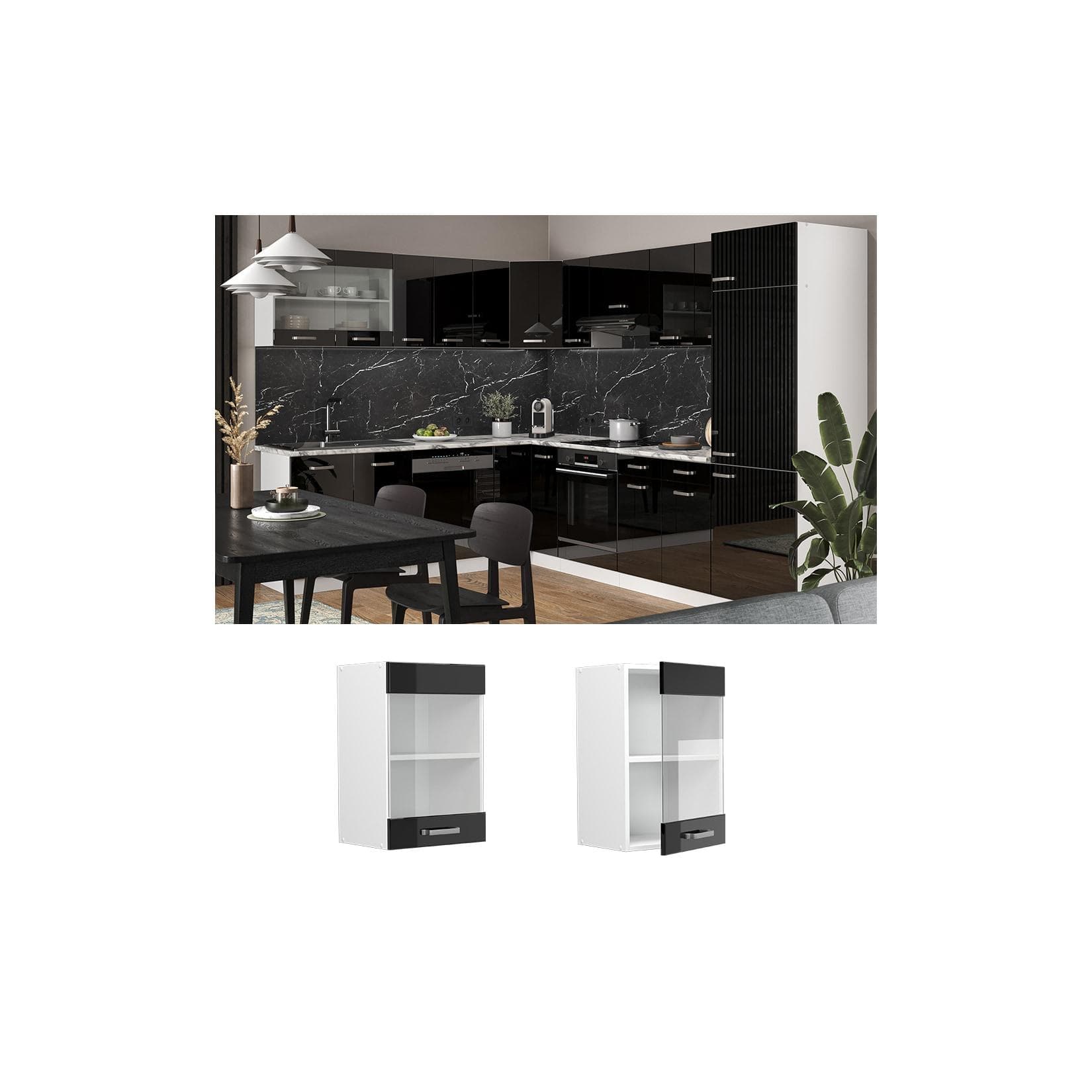 Glashängeschrank Schwarz Hochglanz / Weiß