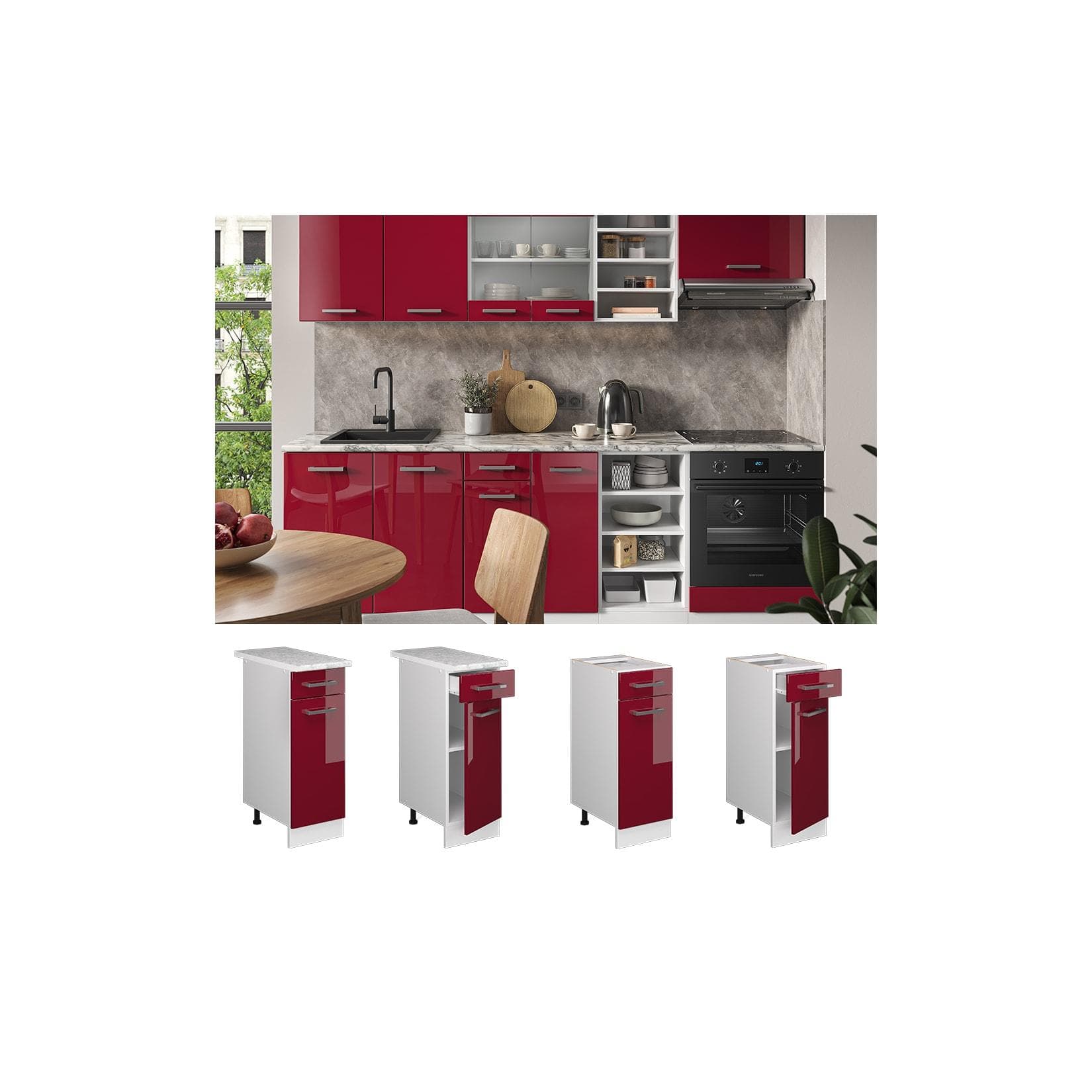 Hochglanz-Unterschrank Bordeaux/Weiß mit AP Marmor Optik