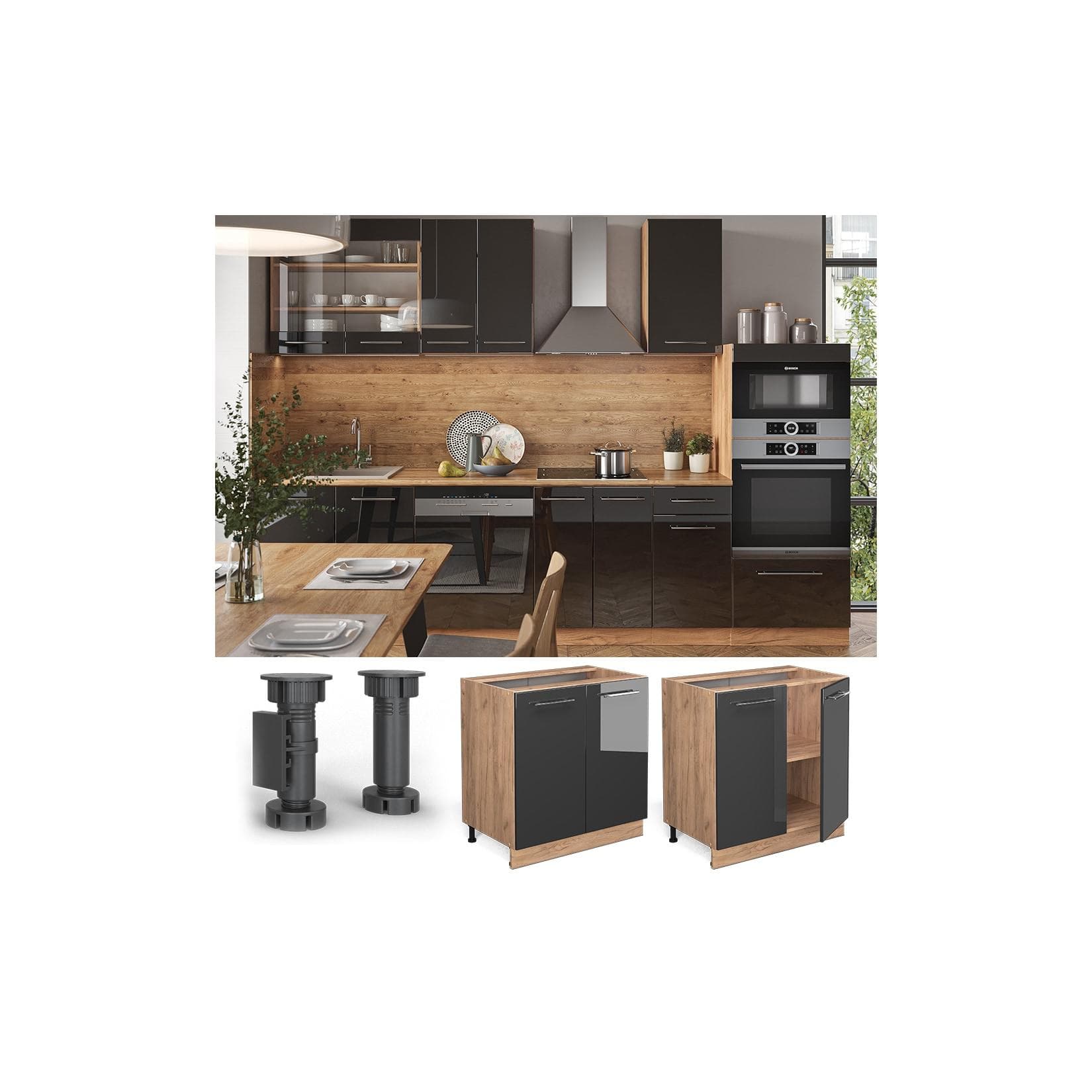 Vicco Unterschrank Küche 80 cm Eiche Anthrazit Hochglanz