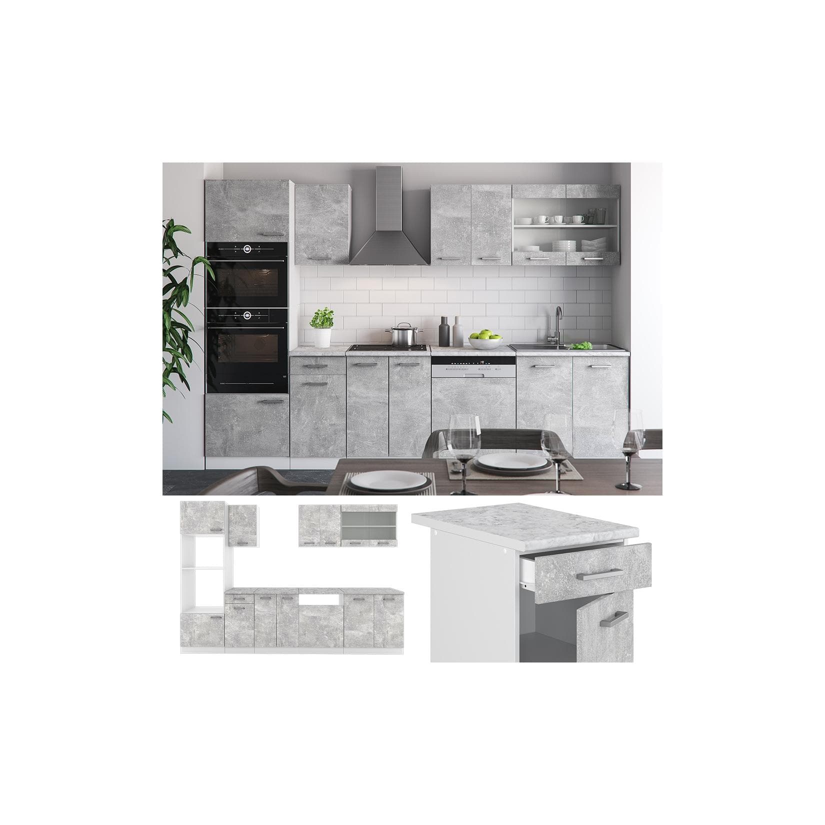 Beton-Küchenzeile in Weiß mit Hochschrank