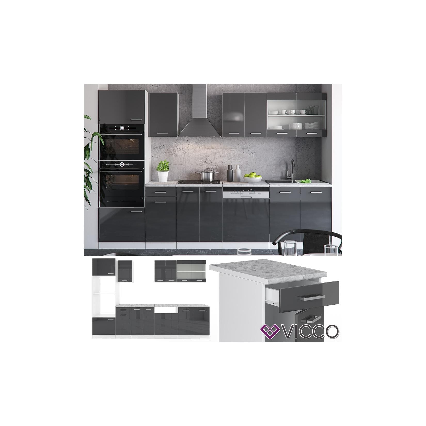 VICCO KÜCHE R-LINE 300CM Küchenzeile Anthrazit Hochglanz