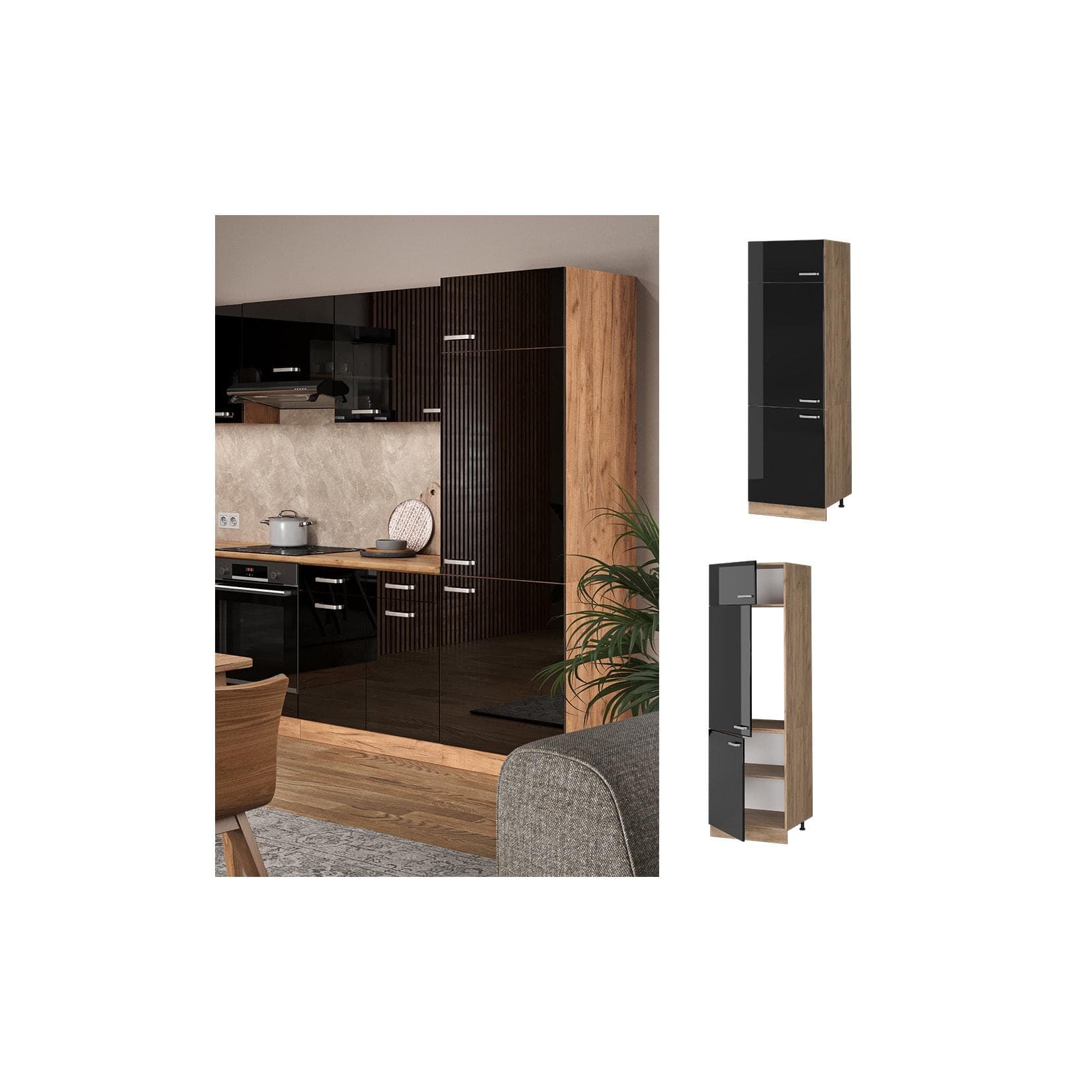 Vicco Kühlumbauschrank Küchenschrank R-Line Eiche Schwarz Modern