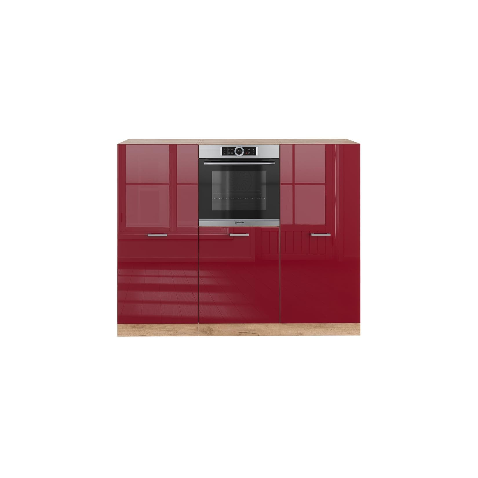 Hochglanzküche Bordeaux mit Goldkraft Eiche | Moderne Küchenzeile