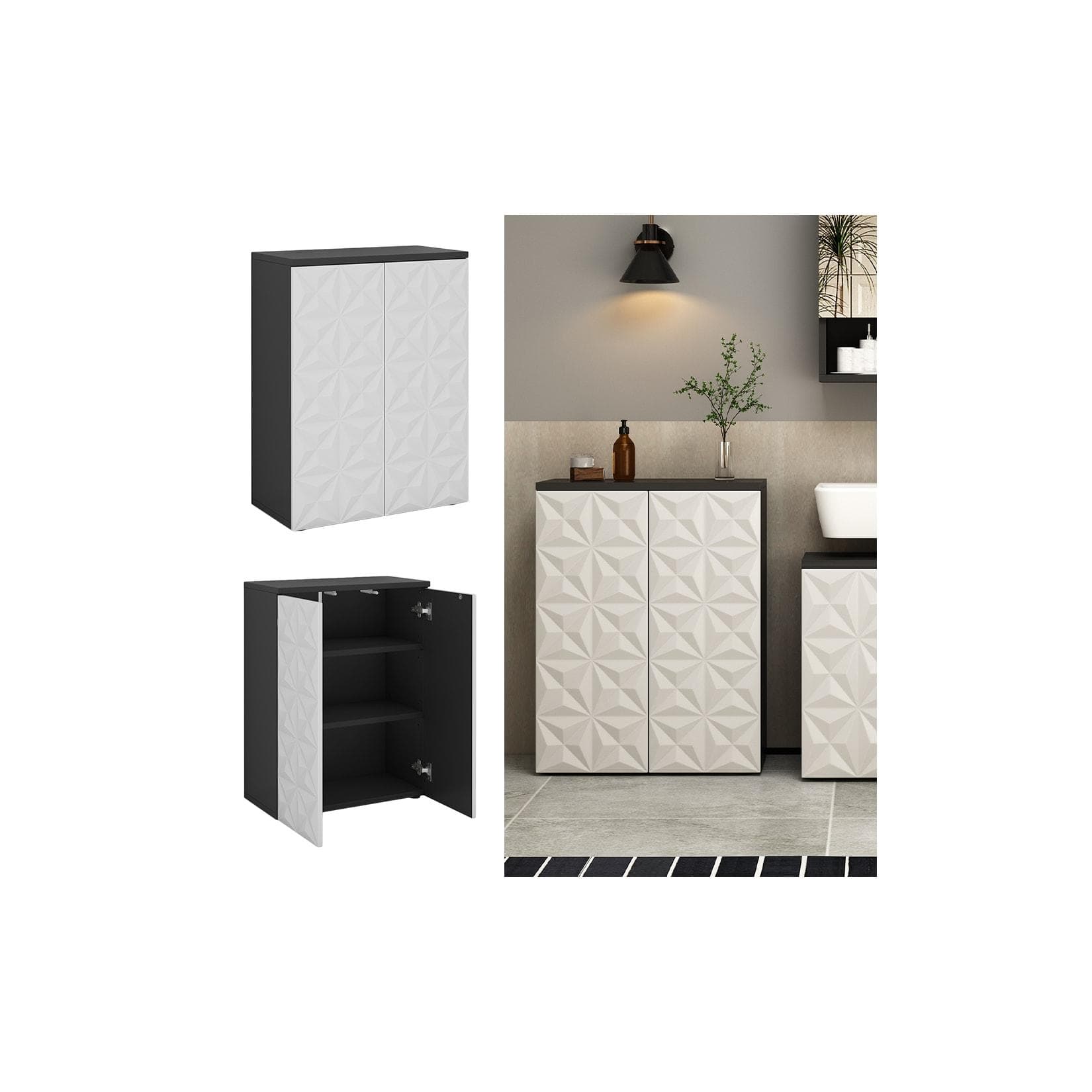 Vicco Badschrank Edge Schwarz Weiß 2 Türen 3 Fächer Push-to-Open