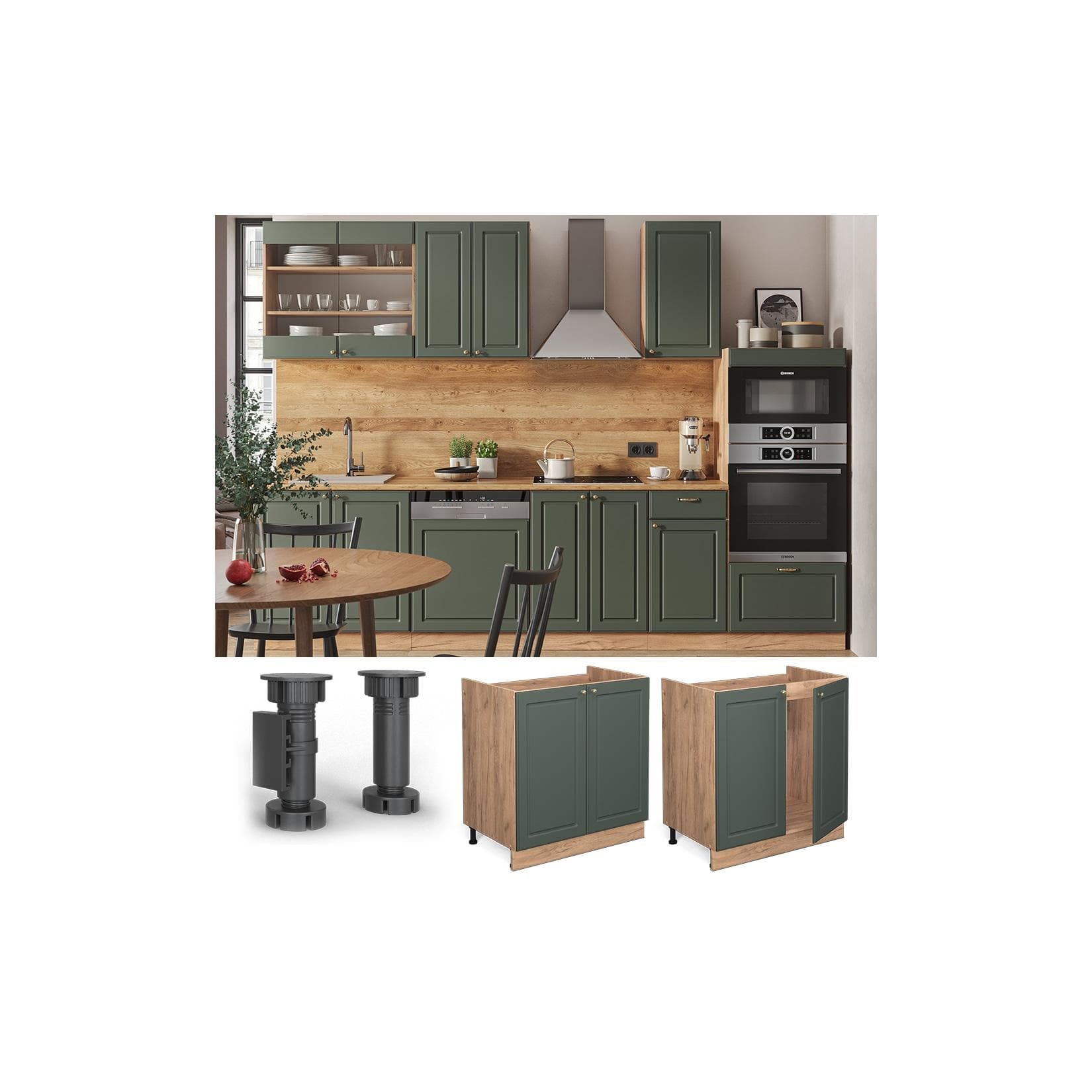 Spülenschrank Landhaus-Design in Grün-Gold & Eiche