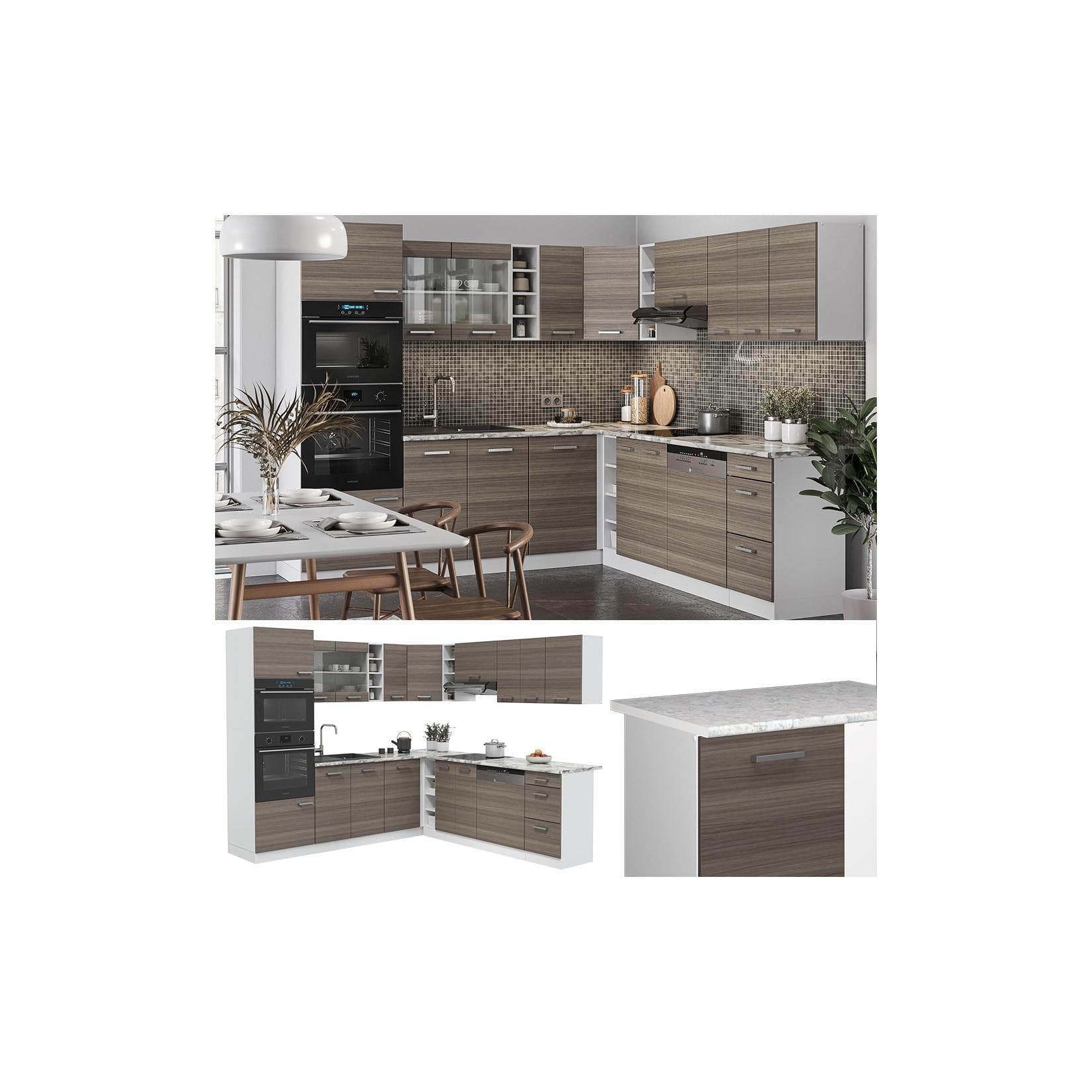 Edelgraue Winkelküche mit Marmor-Optik