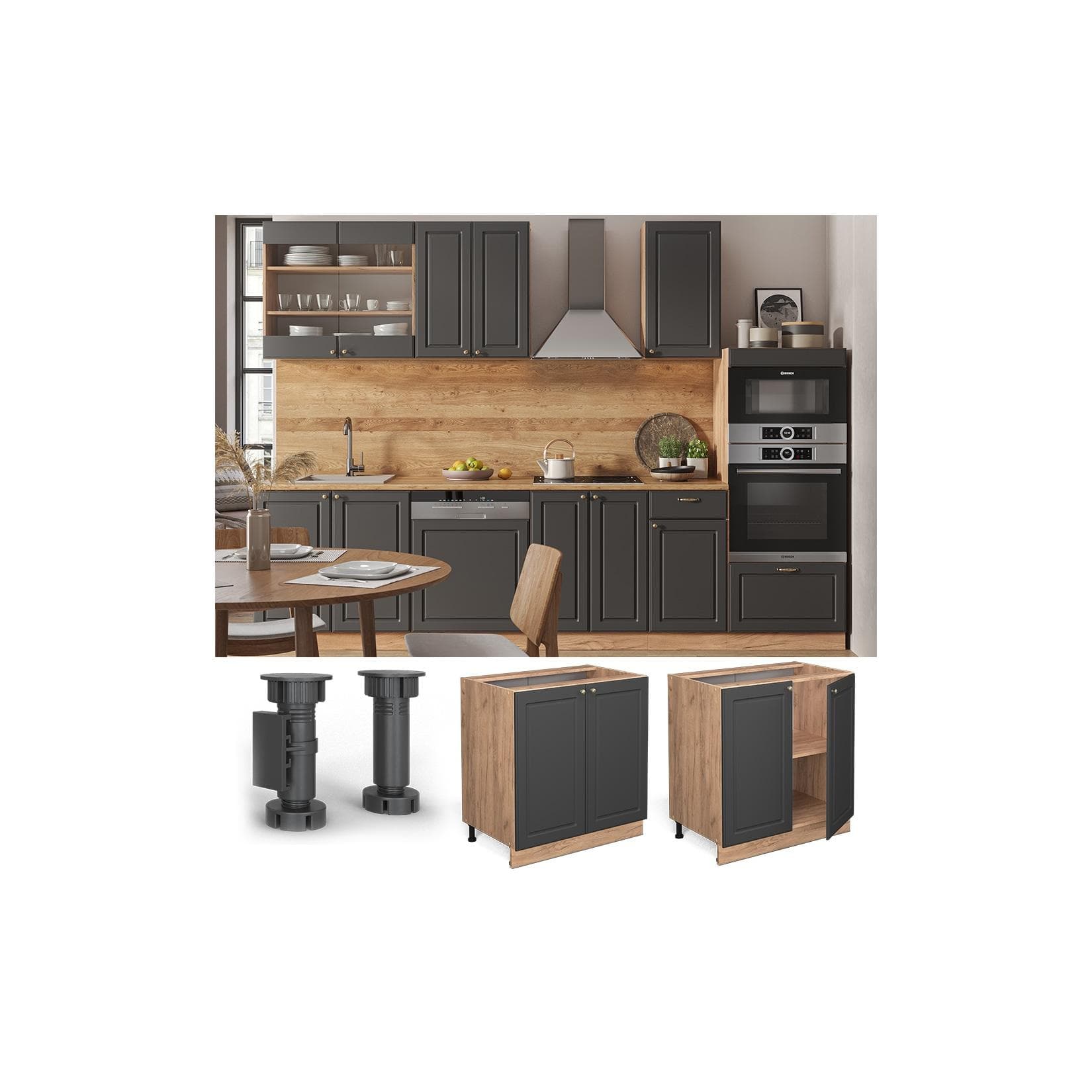 Vicco Küchenschrank Fame-Line Eiche Anthrazit-Gold Landhaus 80 cm
