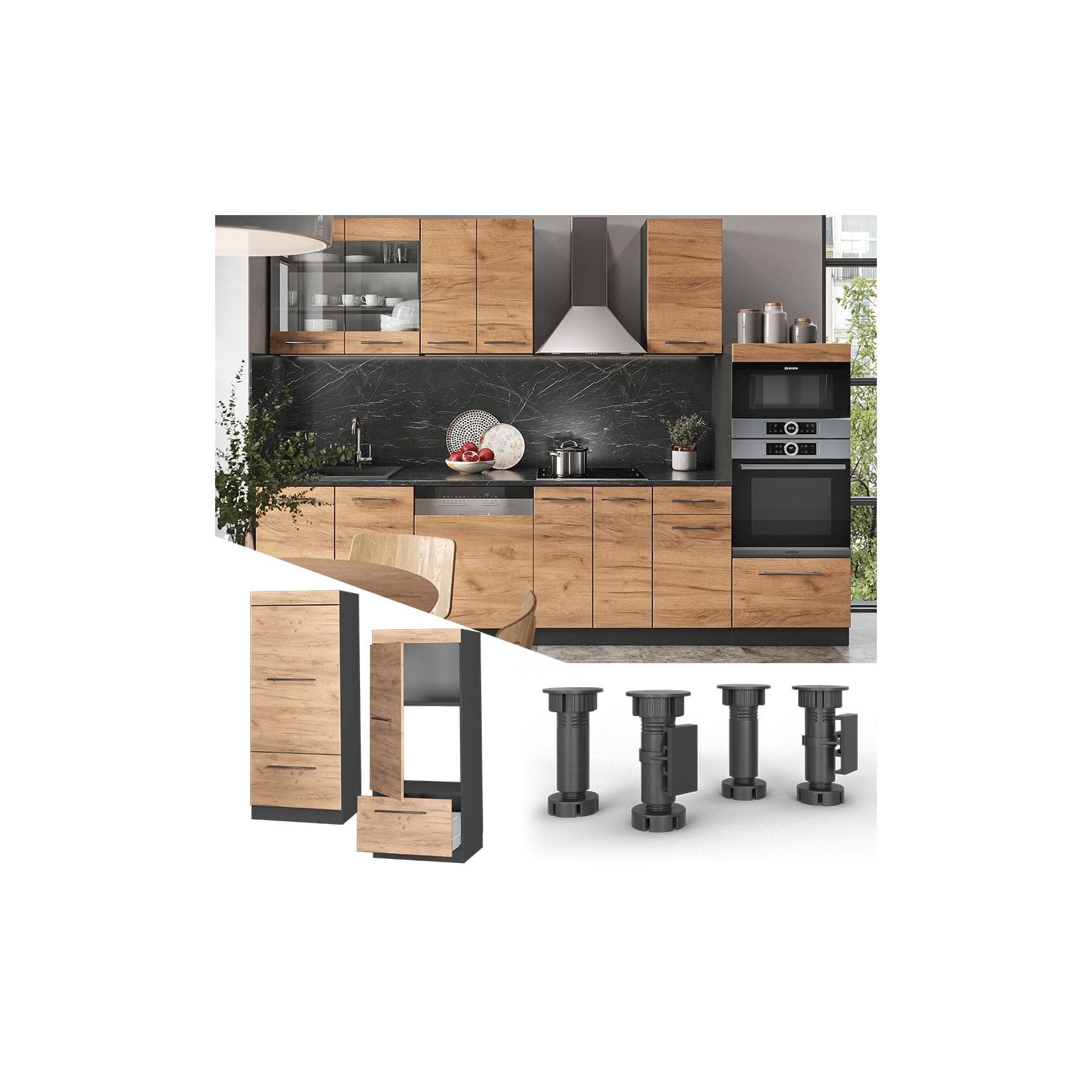 Vicco Mikrowellenumbauschrank Fame-Line Anthrazit Eiche Goldkraft 60 cm