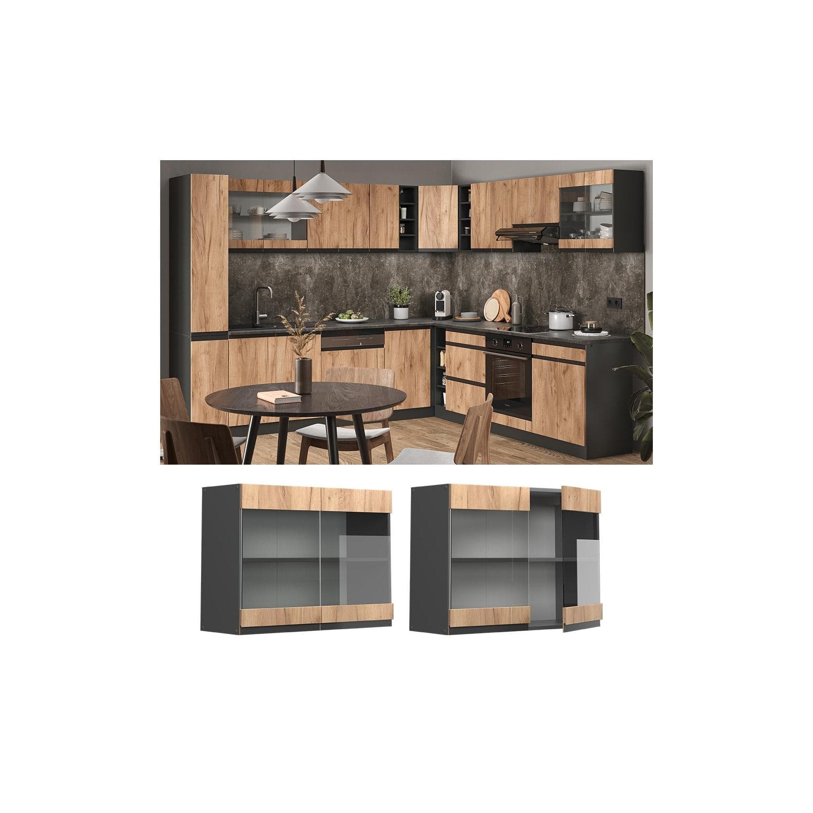 Vicco Glashängeschrank R-Line J-Shape Anthrazit Goldkraft Eiche