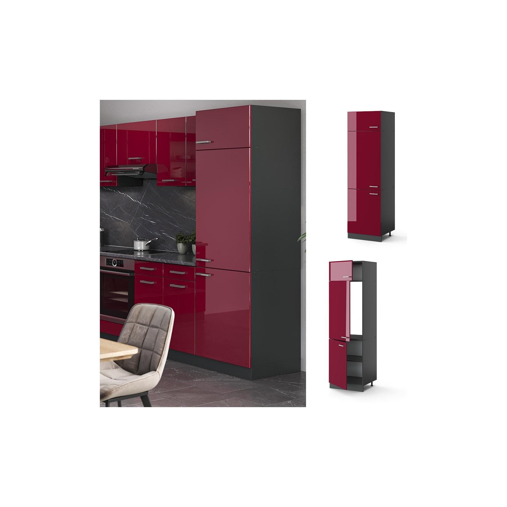 Hochglanz-Kühlschrank Bordeaux Anthrazit