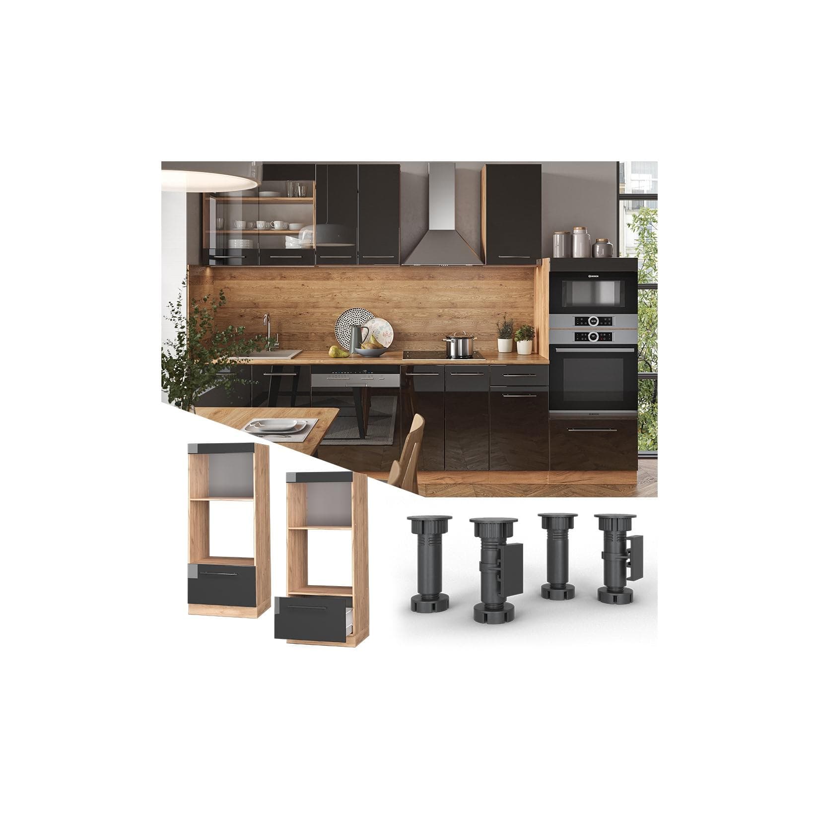 Vicco Mikrowellenumbauschrank 60 cm Eiche Anthrazit Hochglanz