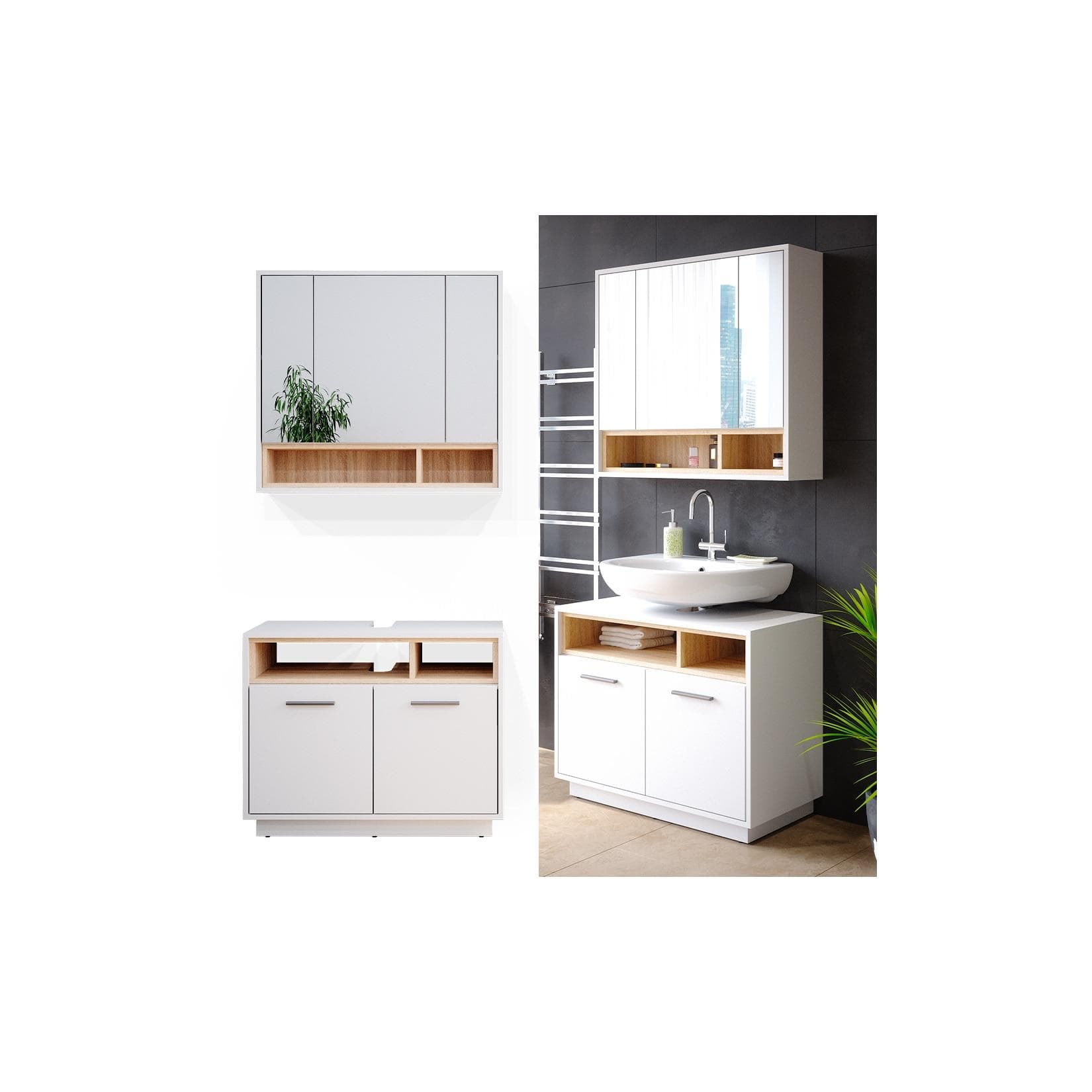 2-teiliges Badmöbelset in Weiß/Sonoma mit Spiegelschrank und Unterschrank