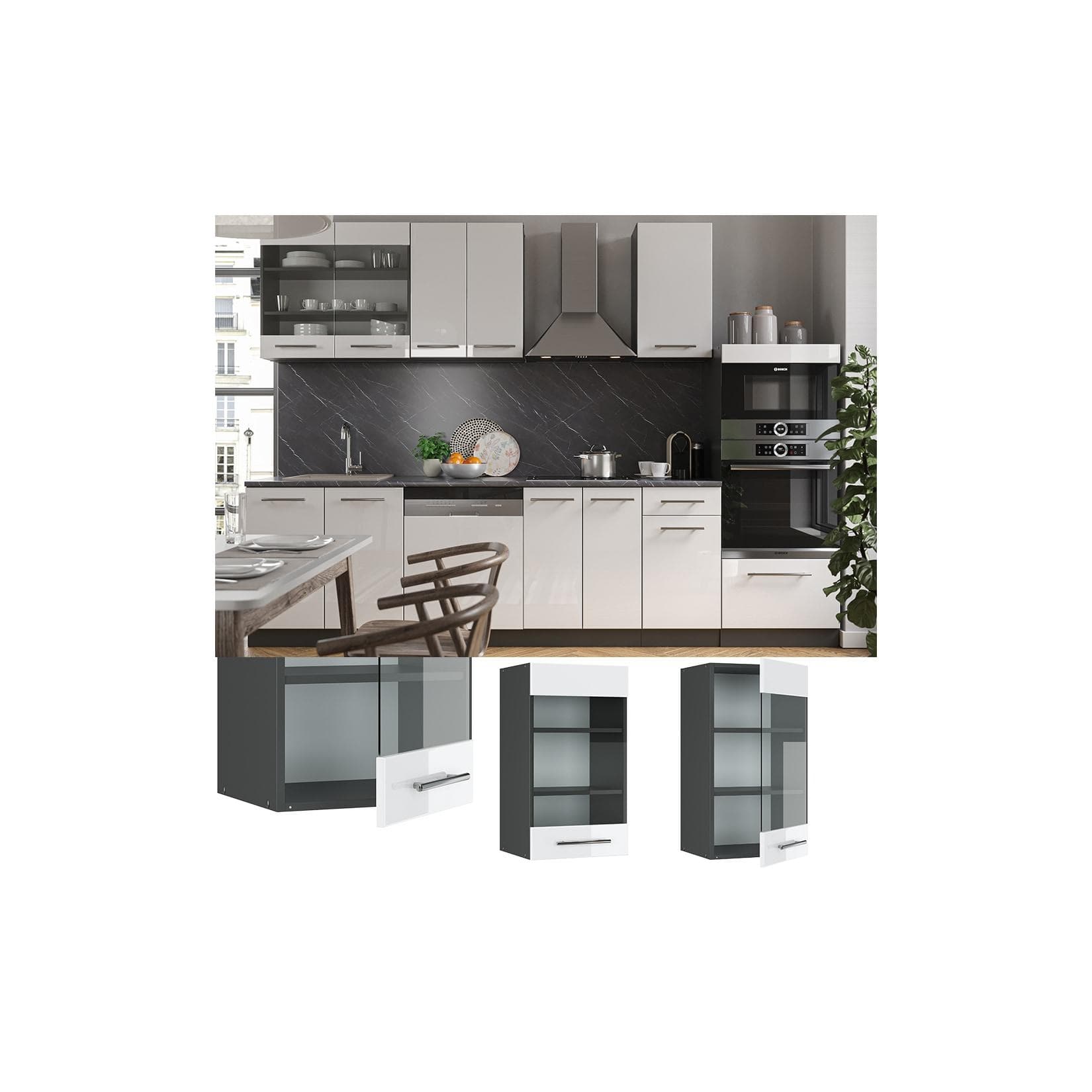 VICCO Hängeglasschrank 40 cm Weiß Hochglanz Küchenschrank Fame-Line