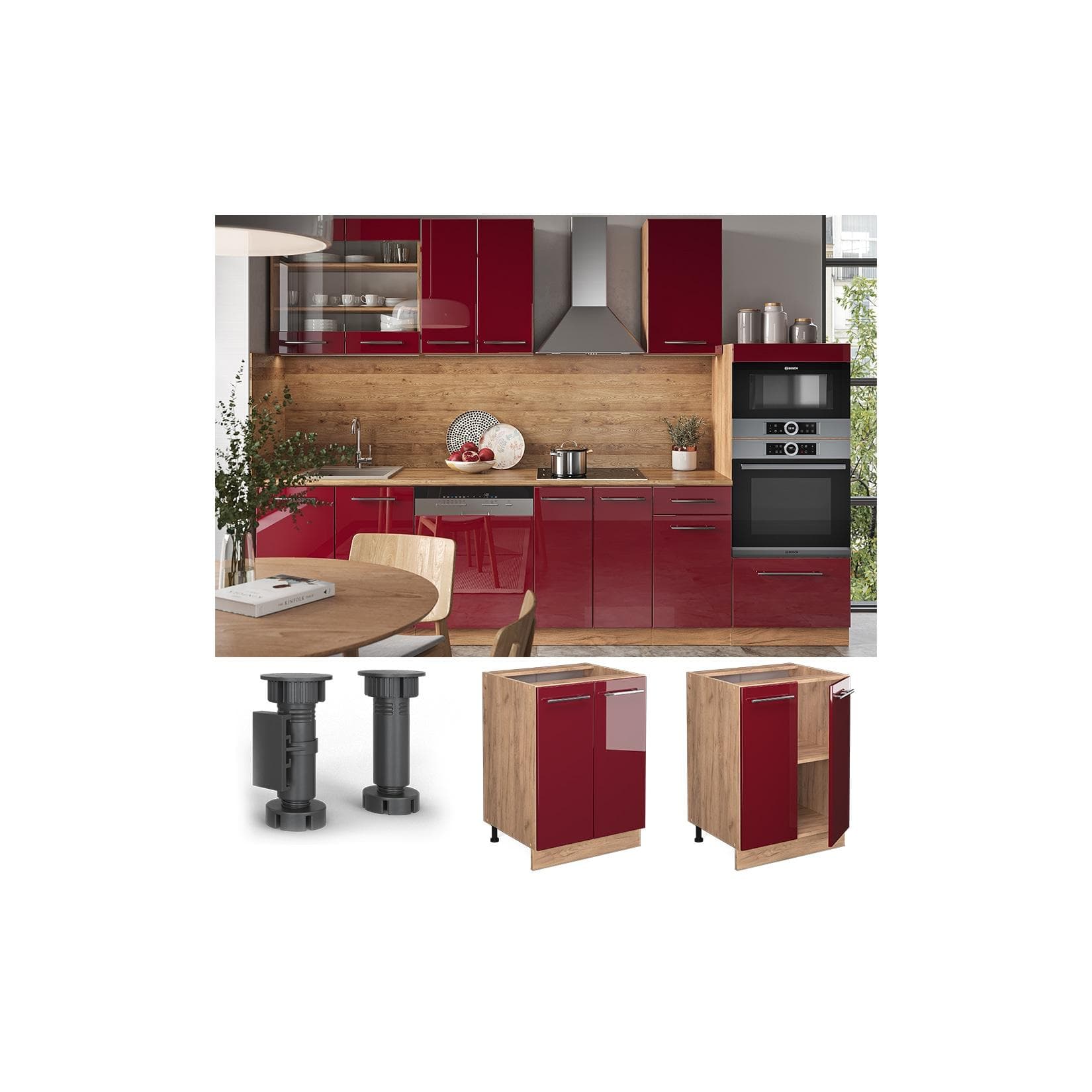Vicco Unterschrank Küche Hochglanz Eiche Rot Bordeaux 60 cm
