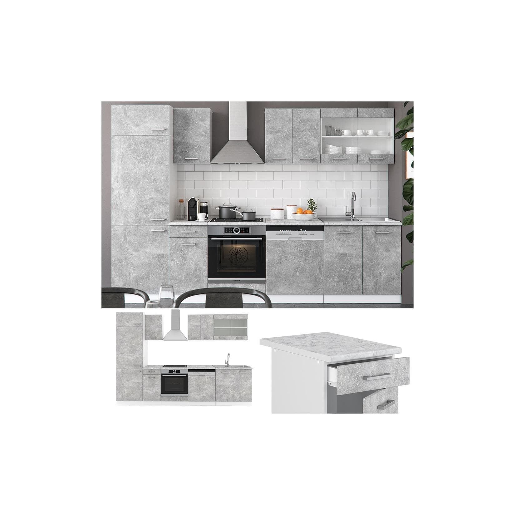 VICCO R-LINE Küchenblock 300 cm Beton-Optik Modern