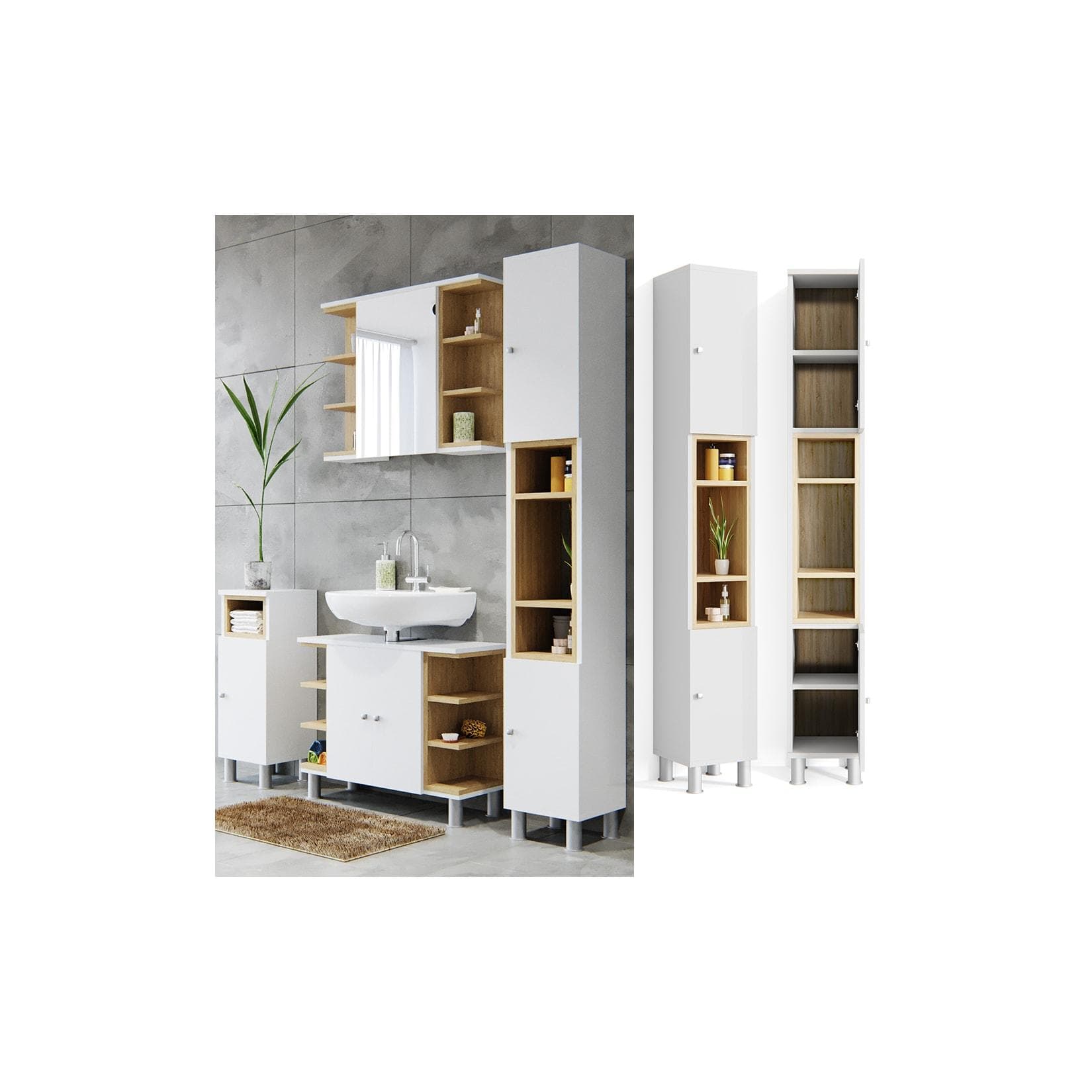 Vicco Badschrank Aquis Hochschrank Eiche Weiß
