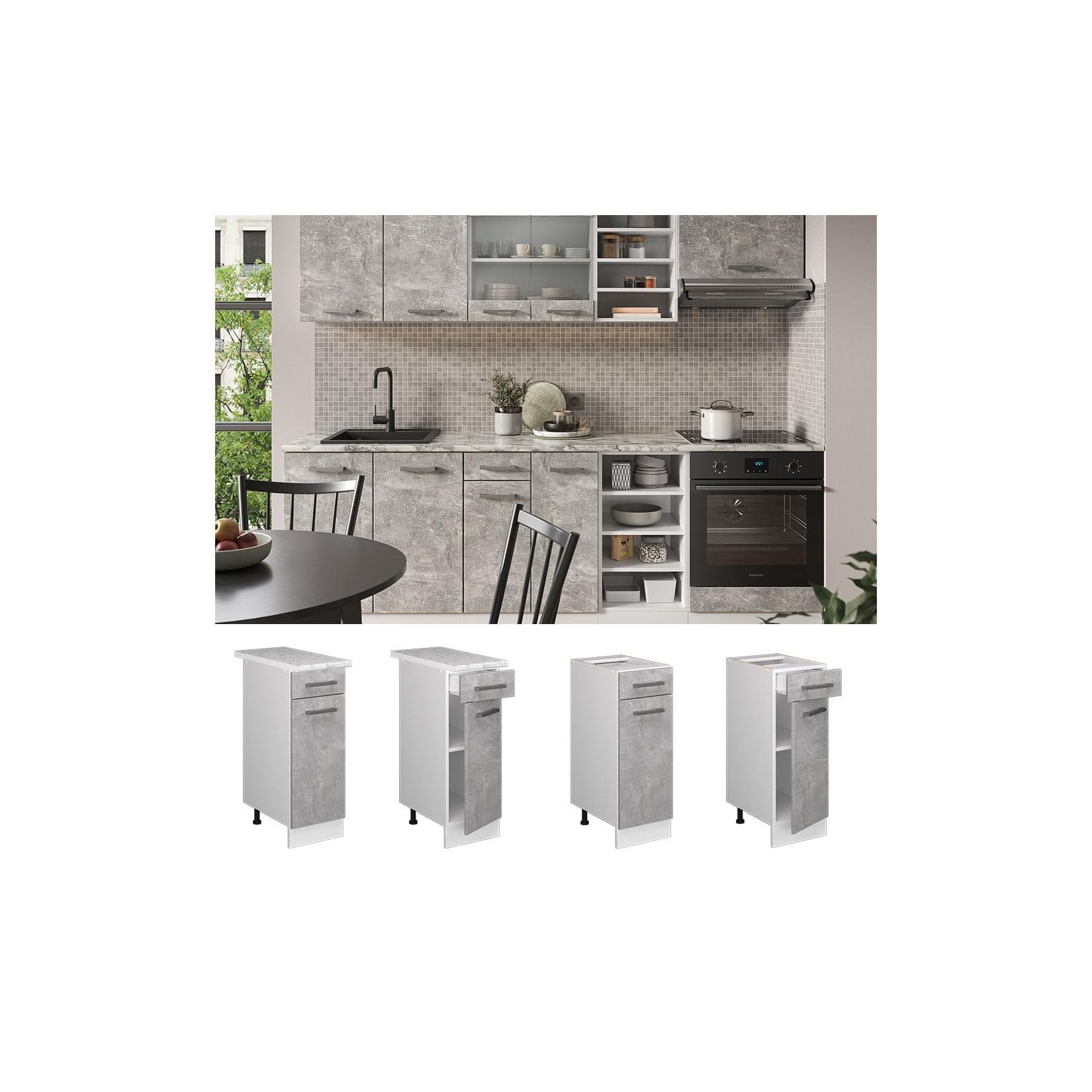 Vicco Schubunterschrank R-Line 30 cm Weiß Beton mit Schublade