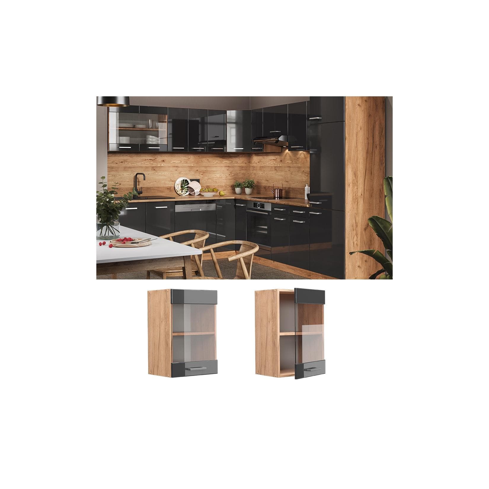 Anthrazit-Hochglanzhängeschrank mit Goldkraft Eiche