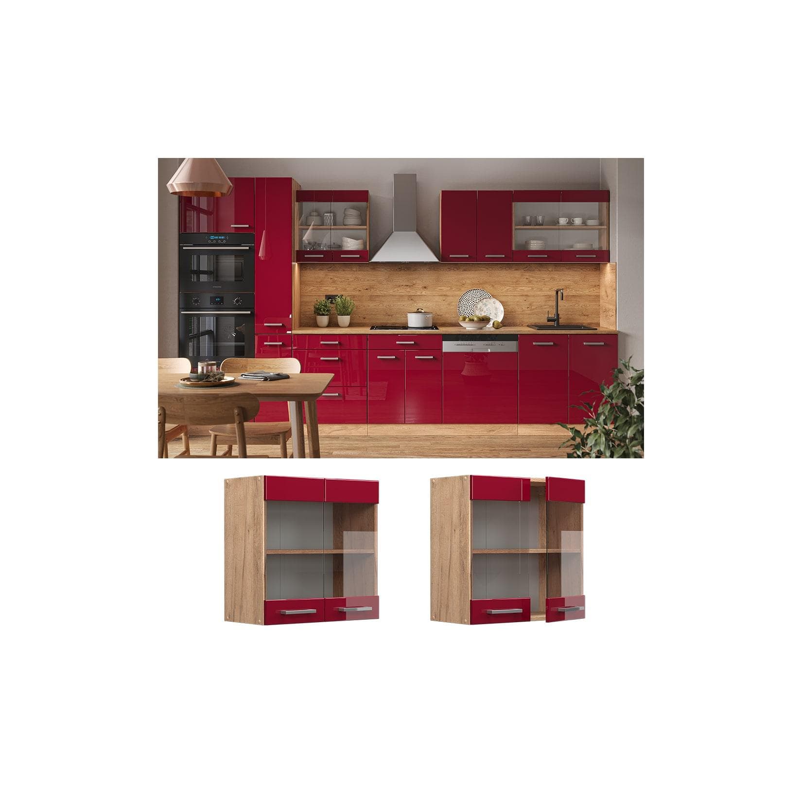 Vicco Glashängeschrank R-Line Rot Hochglanz Goldkraft Eiche