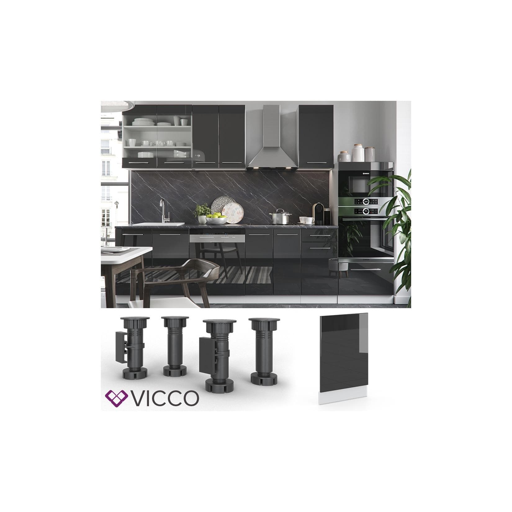 Anthrazit Hochglanz Frontblende für Küche  | Weißer Akzent