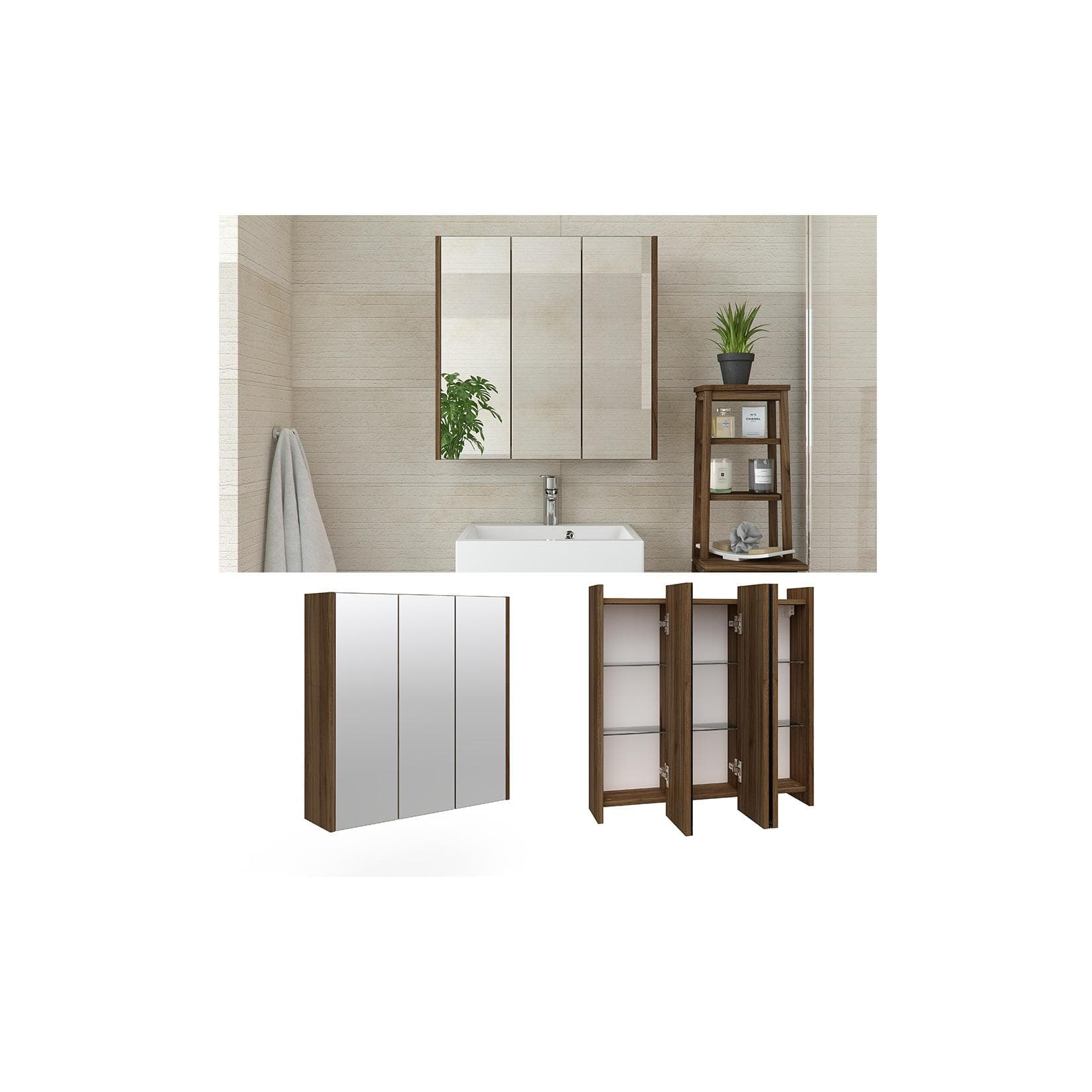 Anthrazit Hochglanz Badezimmerspiegelschrank mit Nussbaum-Akzent