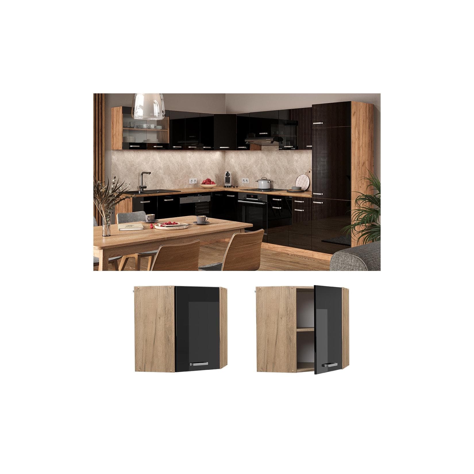 Vicco Eckhängeschrank Küchenschrank R-Line Eiche Schwarz 57 cm