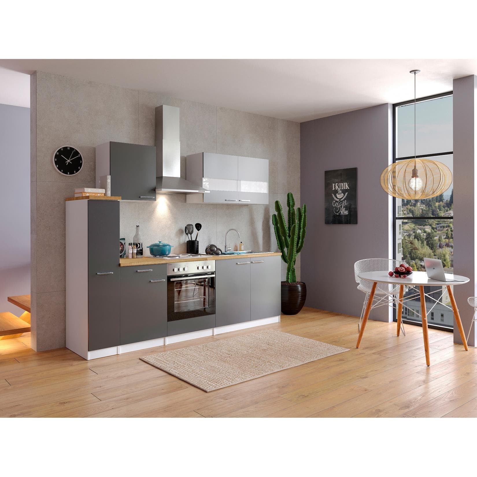 Respekta Küchenzeile KB240WG 240 cm Weiß Grau Metall Stangengriffe