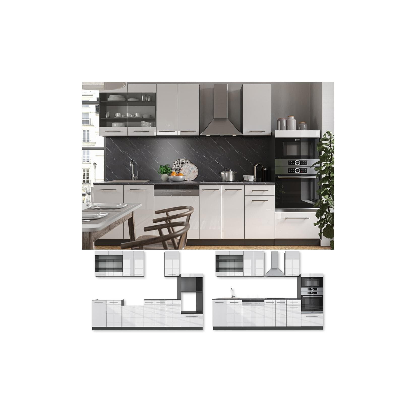 Vicco Küche Fame-Line 240 cm Küchenzeile Einbau Weiß Hochglanz