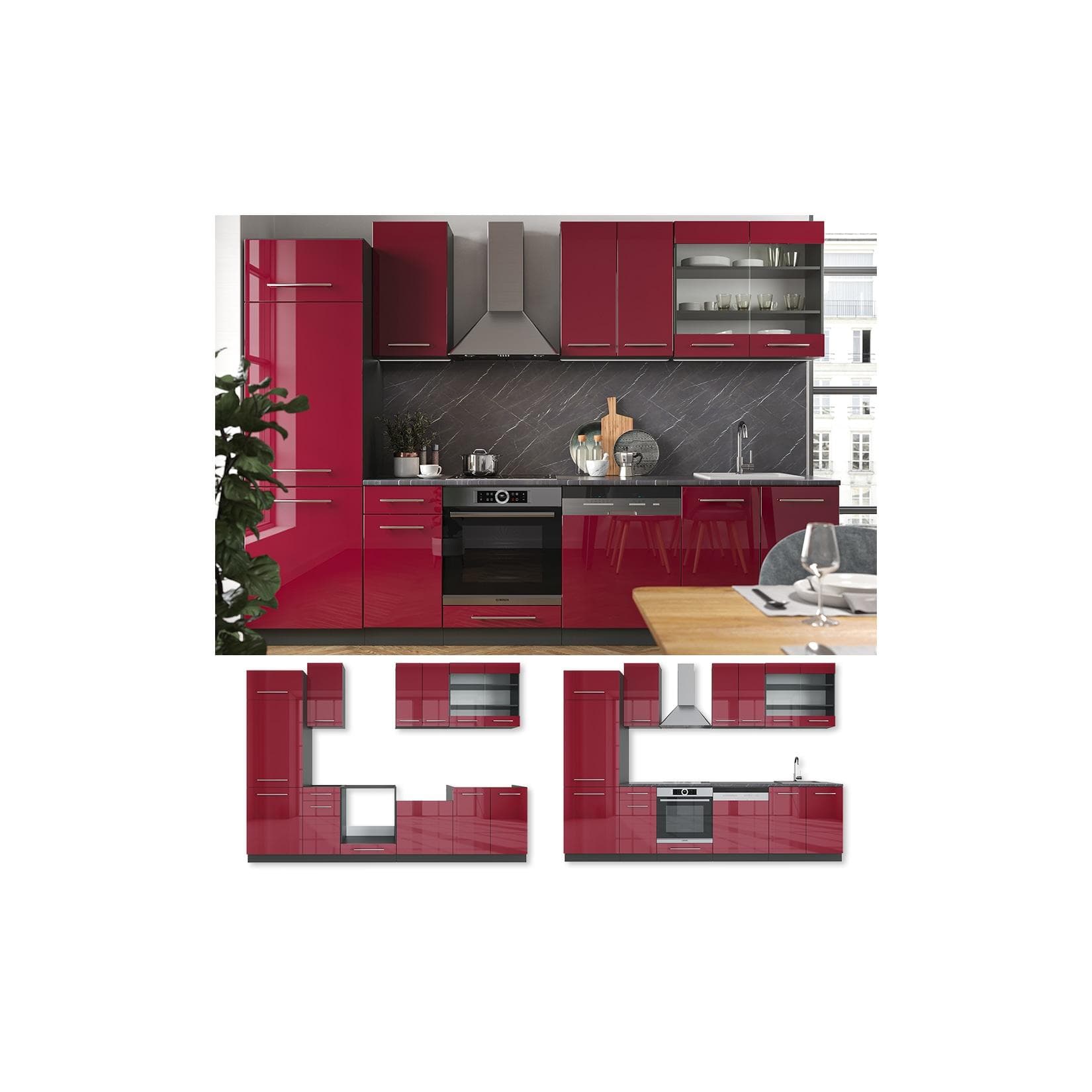 Vicco Küche Fame-Line 300 cm Einbau Bordeaux Hochglanz