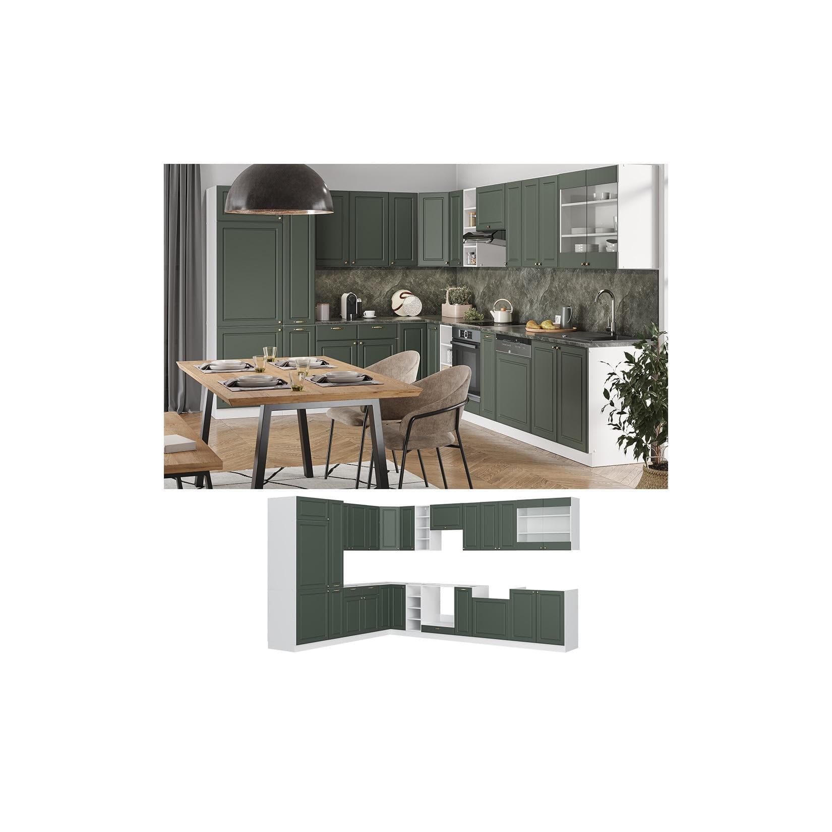 Vicco Eckküche Fame-Line Landhaus Weiß Grün Gold Komplettset